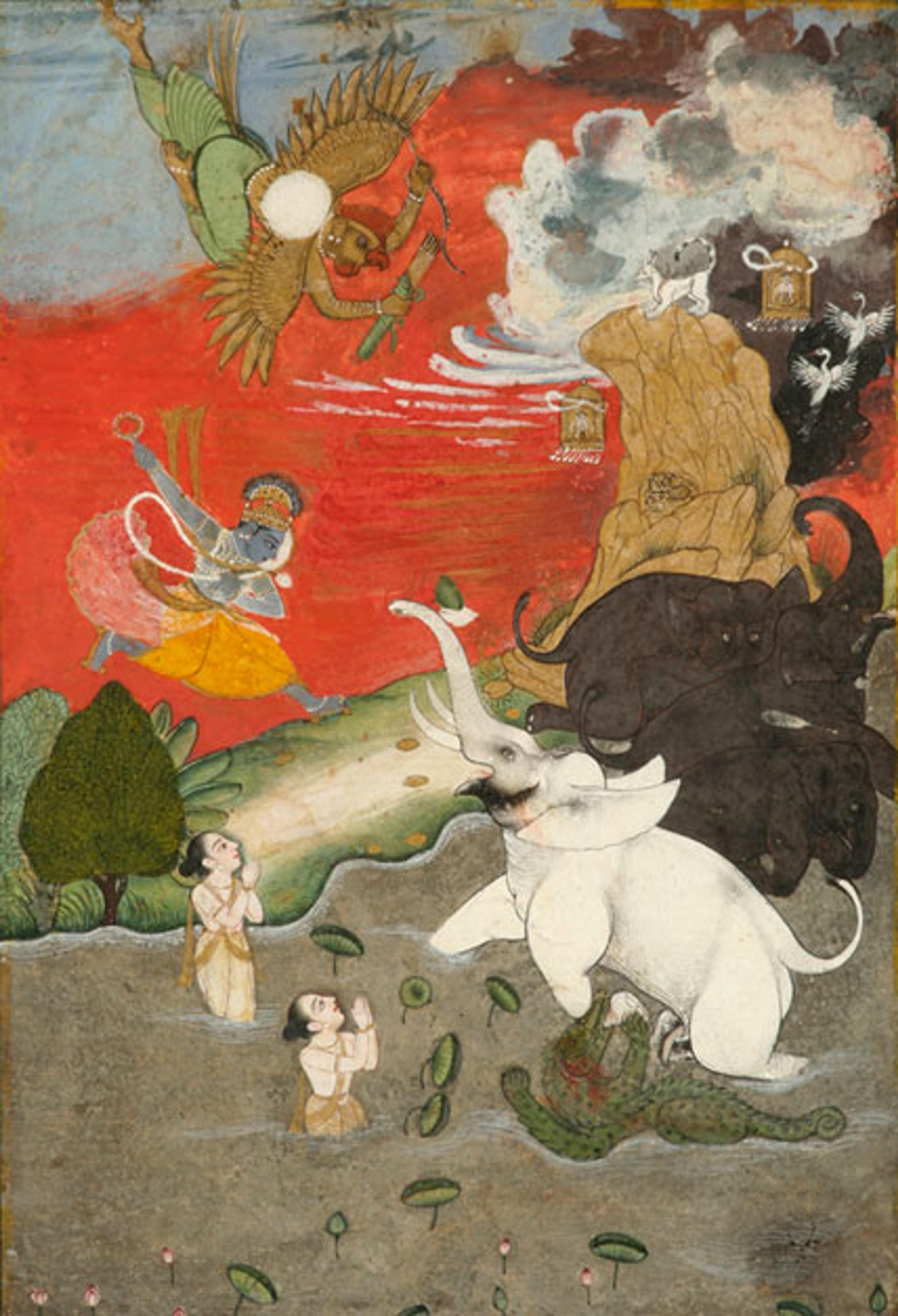 Vishnu Saving the Elephant (Gajendra Moksha). India, mid-18th century. Opaque watercolor and gold on paper, 81⁄16 x 59⁄16 in. (20.5 × 14.1 cm). Collection of Kenneth and Joyce Robbins