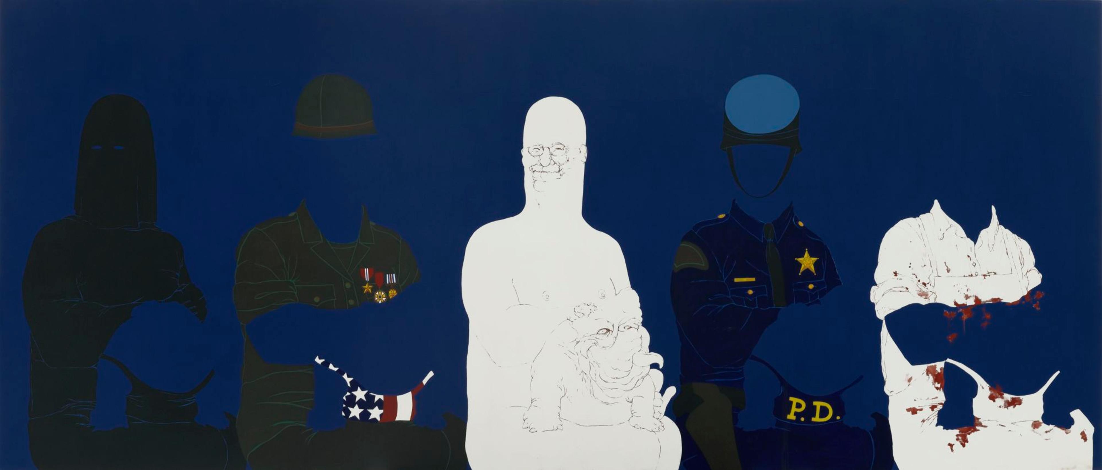 An artwork featuring five abstract, faceless figures against a dark blue background