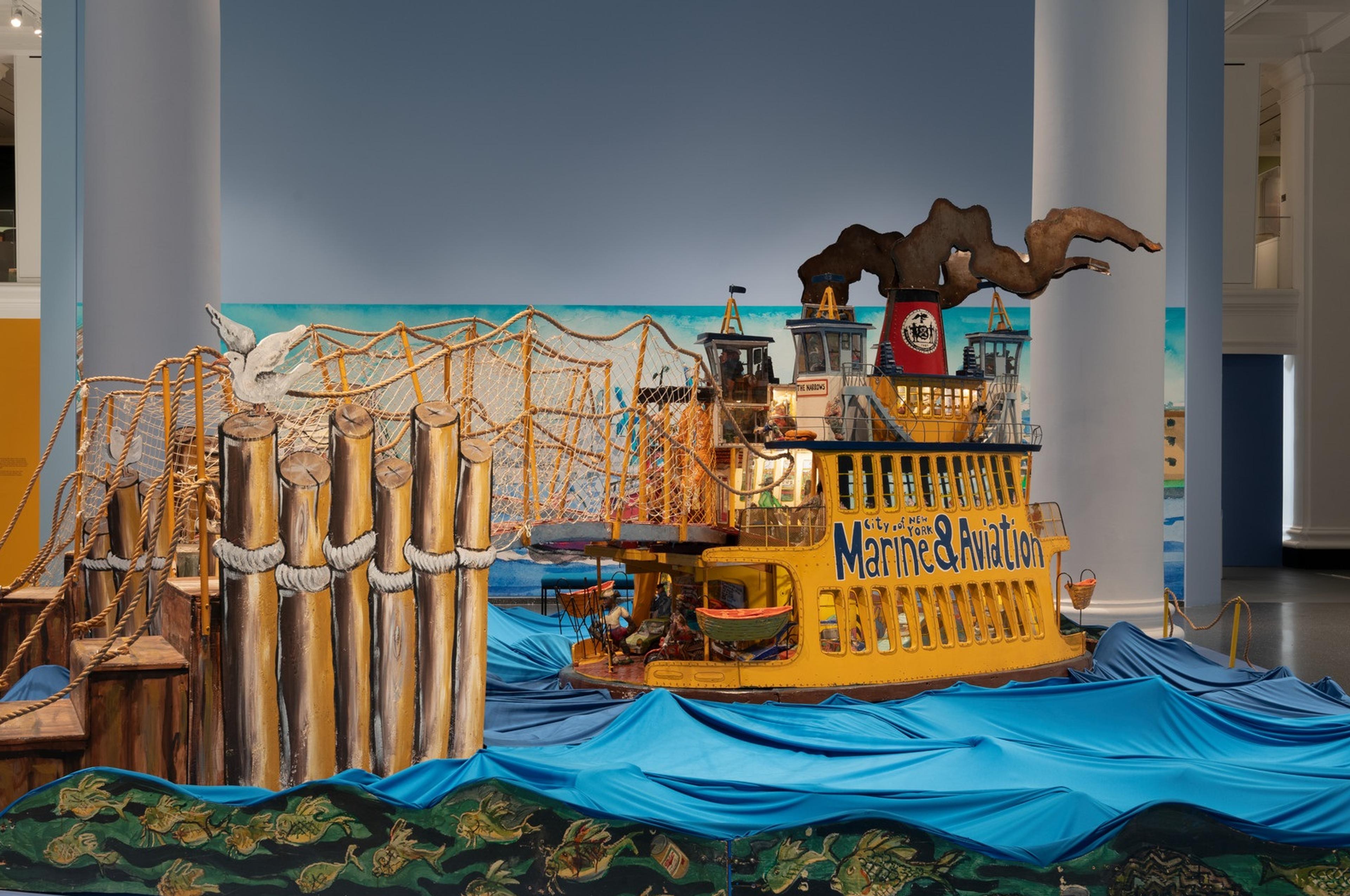 Installation view of <i>Red Grooms, Mimi Gross, and The Ruckus Construction Co.: Excerpts from “Ruckus Manhattan.”</i> Brooklyn Museum, June 13–November 2, 2025. © Red Grooms, Member of Artists Rights Society (ARS). © 2025 Mimi Gross / Artists Rights Society (ARS), New York. (Photo: Paula Abreu Pita)
