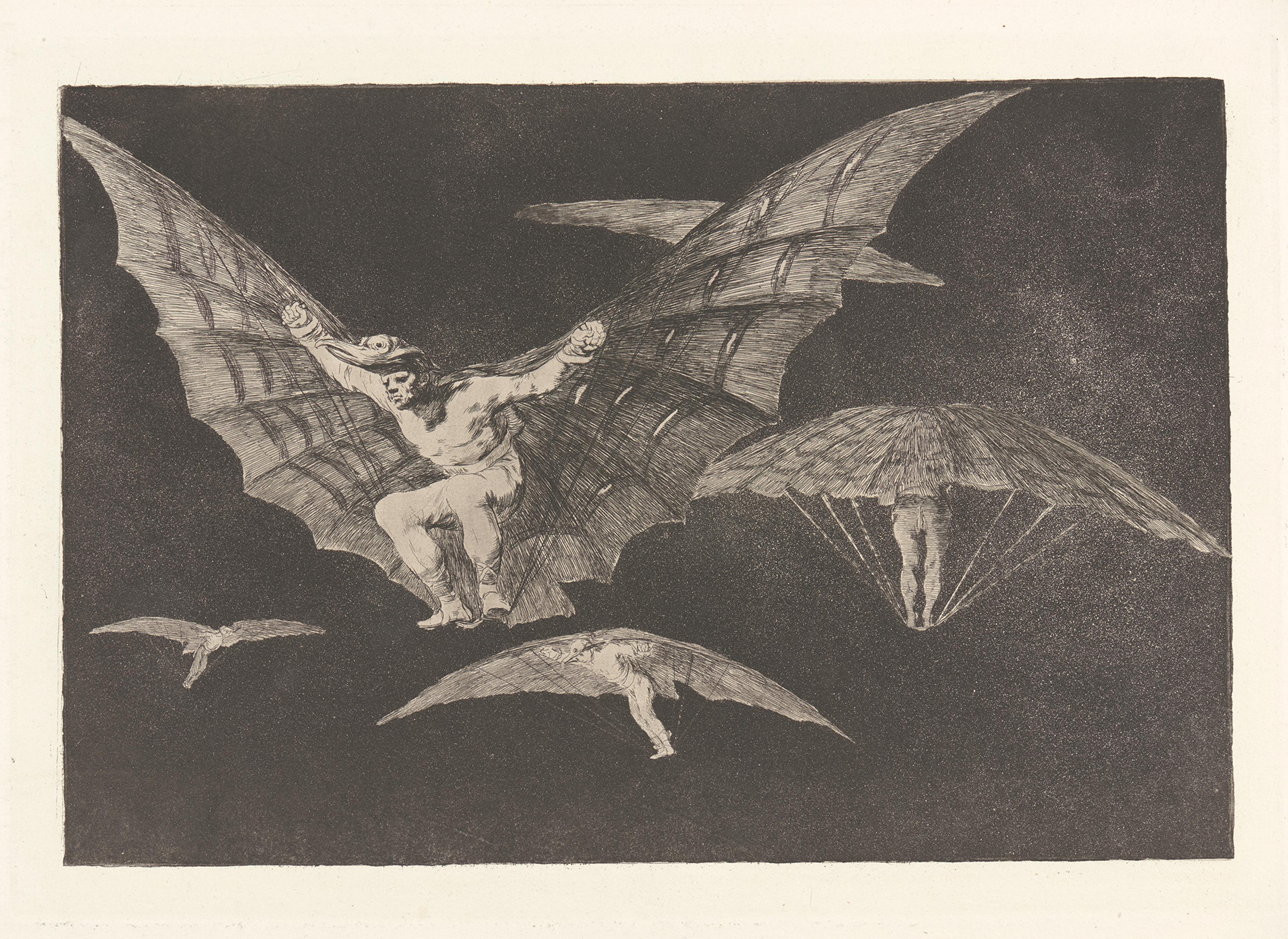 Francisco de Goya (Spanish, 1746–1828). Where There's a Will There's a Way [A Way of Flying] (Donde Hay Ganas Hay Maña [Modo de Volar]), circa 1813–1820. From The Proverbs (Los Proverbios; Los Disparates). Etching and aquatint. Davison Art Center, Wesleyan University, Middletown, C.T.; Gift of George W. Davison (B.A. Wesleyan 1892),1949.D3.7.13. Open Access Image from the Davison Art Center, Wesleyan University. (Photo: R. Lee)