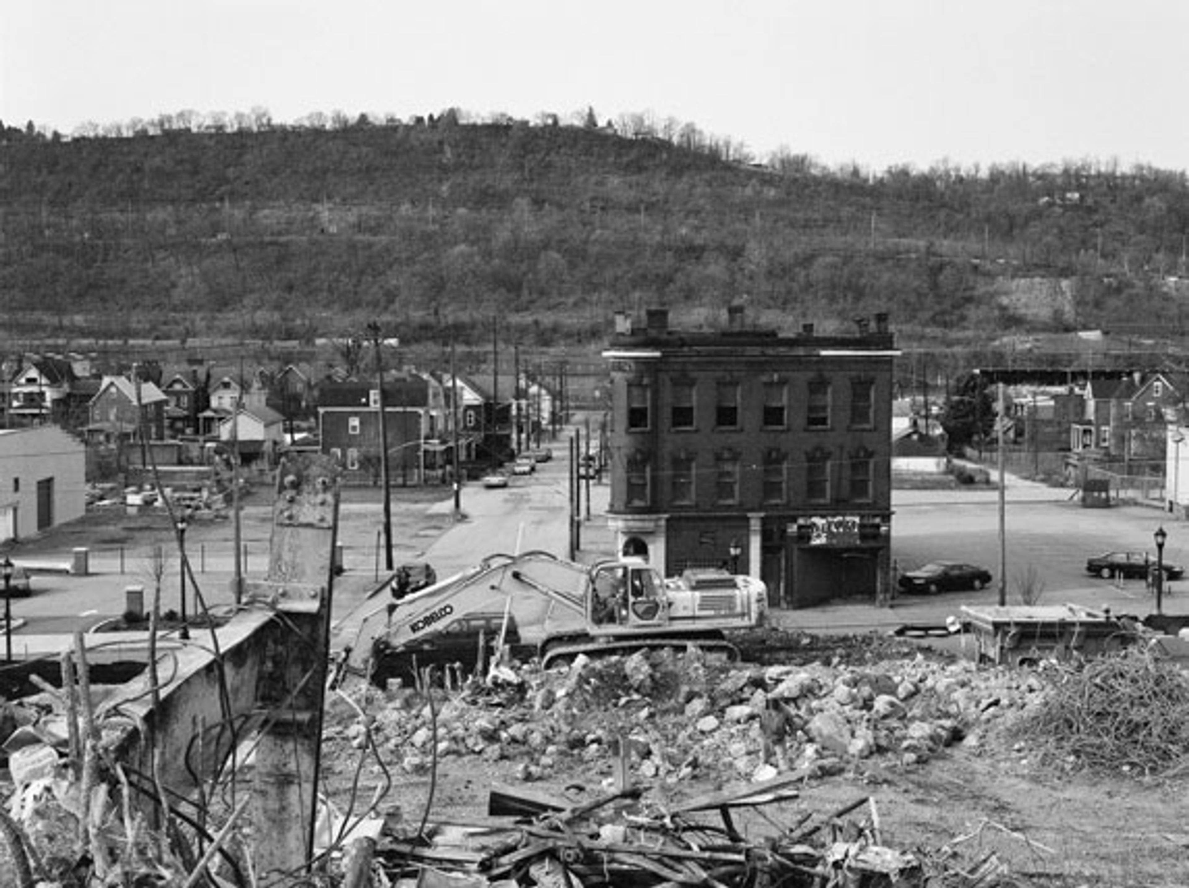 LaToya Ruby Frazier (American, b. 1982). Fifth Street Tavern and U.P.M.C. Braddock Hospital on Braddock Avenue, 2011. Gelatin silver photograph, 20 × 24 in. (50.8 × 61 cm). Courtesy of the artist. © LaToya Ruby Frazier