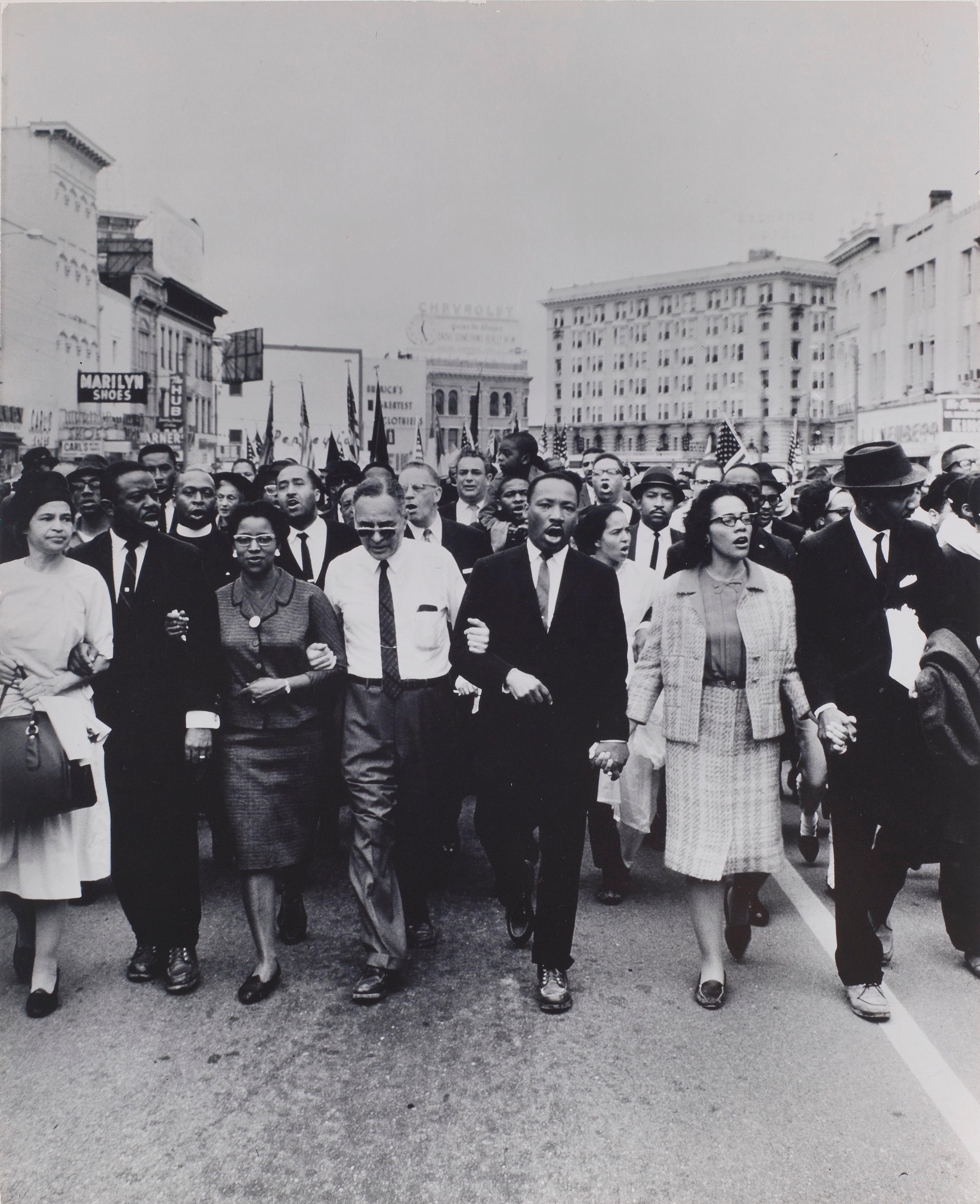 Moneta Sleet Jr. (American, 1926–1996). Rosa Parks, Dr. and Mrs. Abernathy, Dr. Ralph Bunche, and Dr. and Mrs. Martin Luther King, Jr. leading marchers into Montgomery, 1965, printed circa 1970. Gelatin silver print, 133⁄8 x 103⁄4 in. (34 × 27.3 cm). Saint Louis Art Museum, Gift of the Johnson Publishing Company, 426:1991. © Johnson Publishing Company, LLC