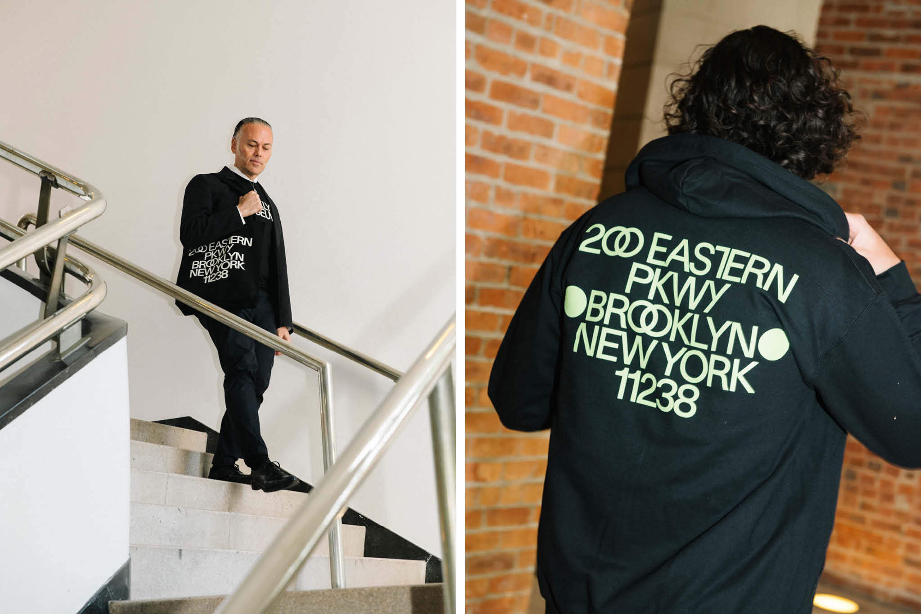 Two photographs of people wearing Brooklyn Museum merch