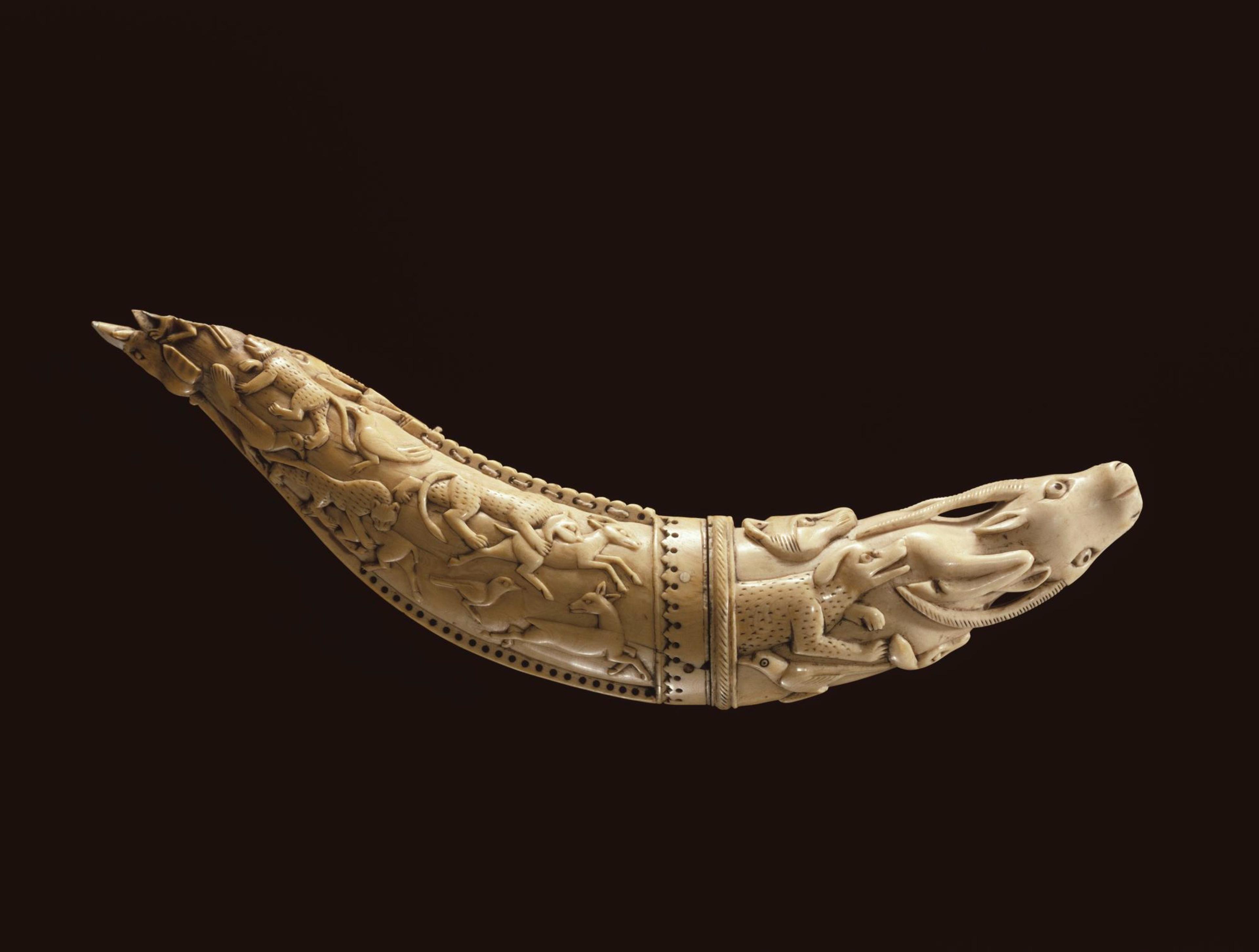 Priming Horn. Northern India, Mughal period, late 16th–early 17th century. Ivory, traces of color, 1 5/8 × 3 1/4 × 10 3/4 in. (4.1 × 8.3 × 27.3 cm). Brooklyn Museum; Gift of Mrs. Carl L. Selden, 82.128. (Photo: Brooklyn Museum)