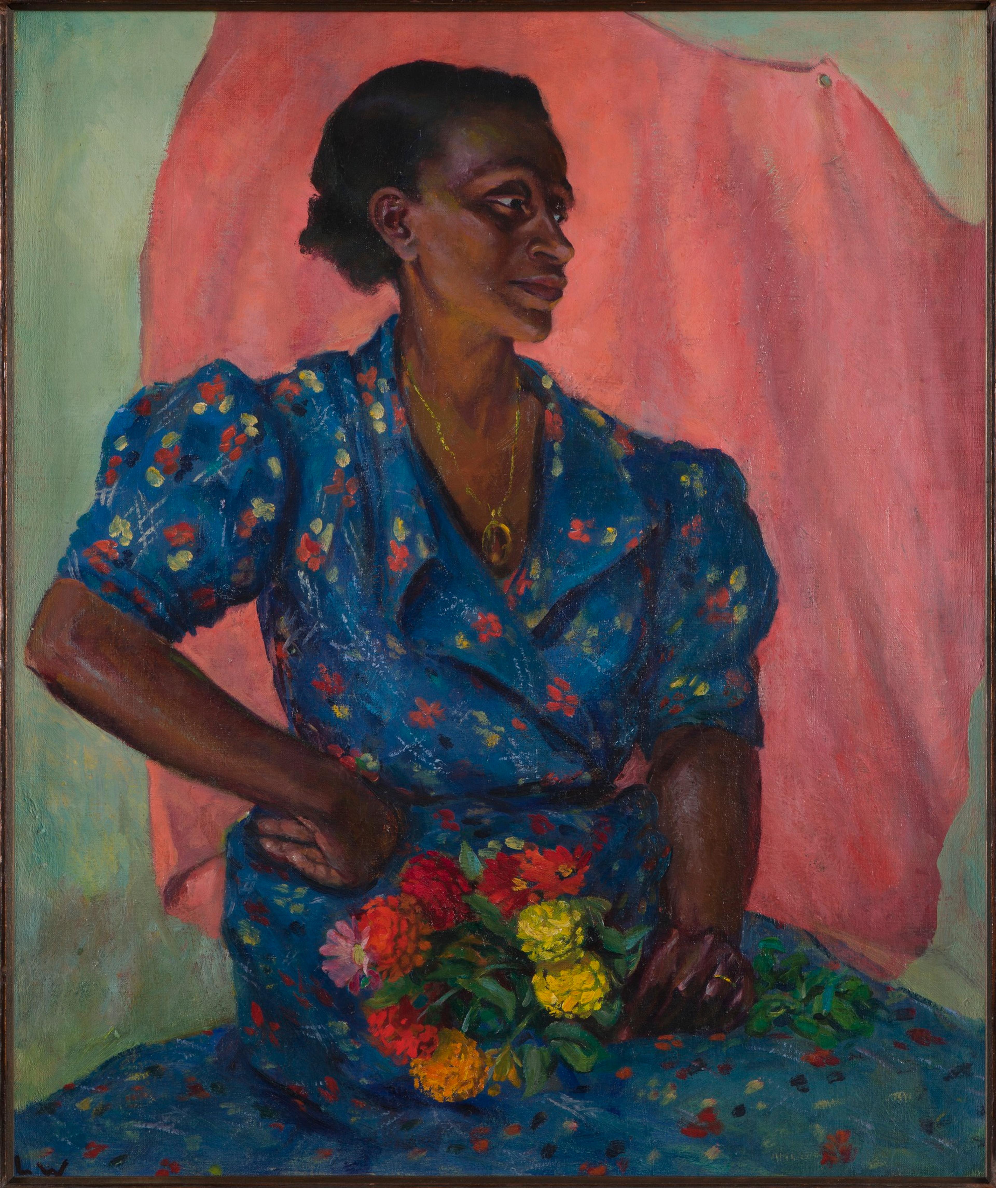 Painting of a person in a blue floral dress holds a bouquet of flowers in their lap, seated against a pink backdrop