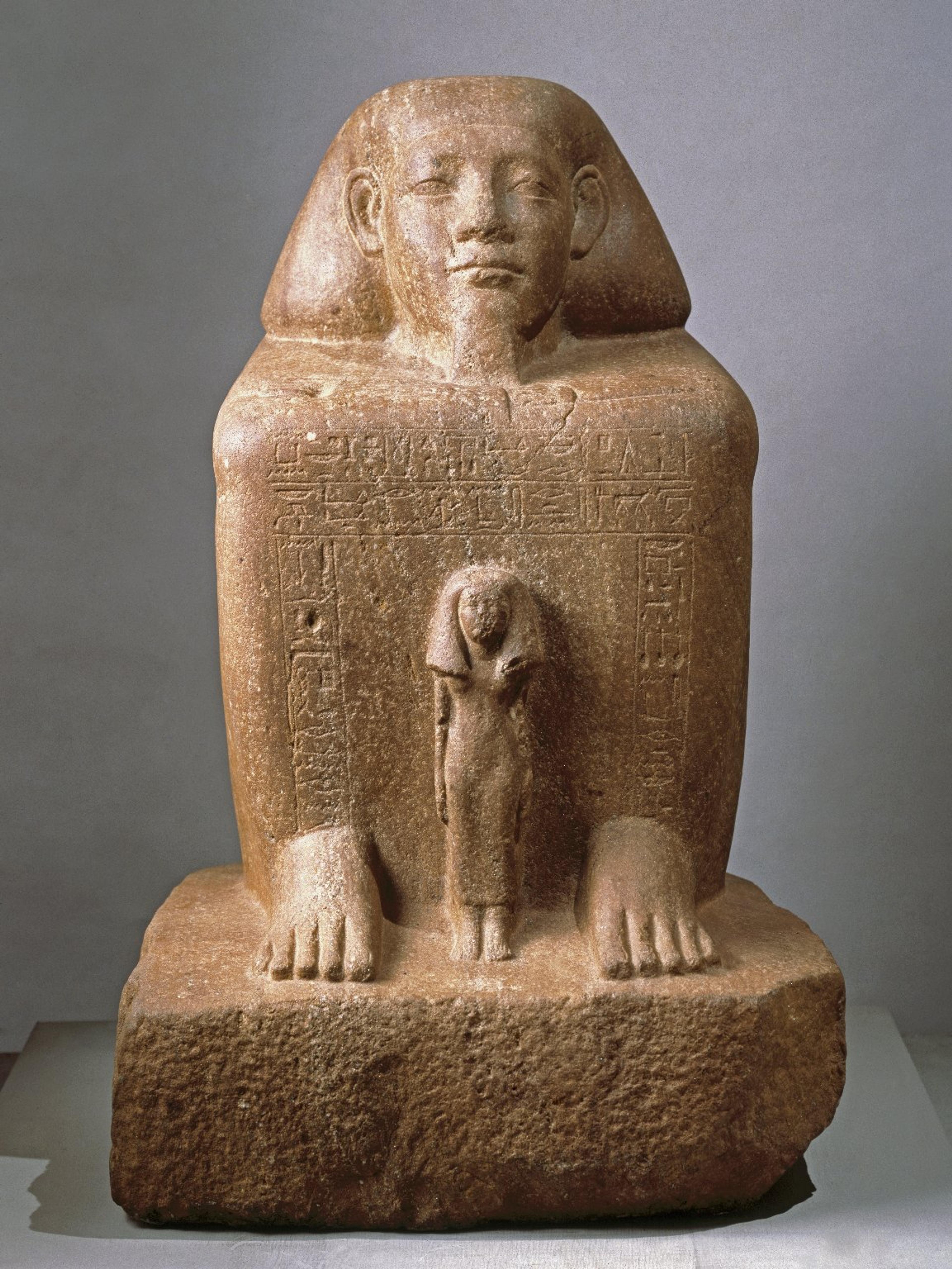 Block Statue of Senwosret-senebnefny. Egypt, exact provenance not known. Middle Kingdom, late Dynasty 12, circa 1836–1759 B.C.E. Quartzite, 267⁄8 x 165⁄16 x 181⁄8 in. (68.3 × 41.5 × 46 cm). Brooklyn Museum, Charles Edwin Wilbour Fund, 39.602