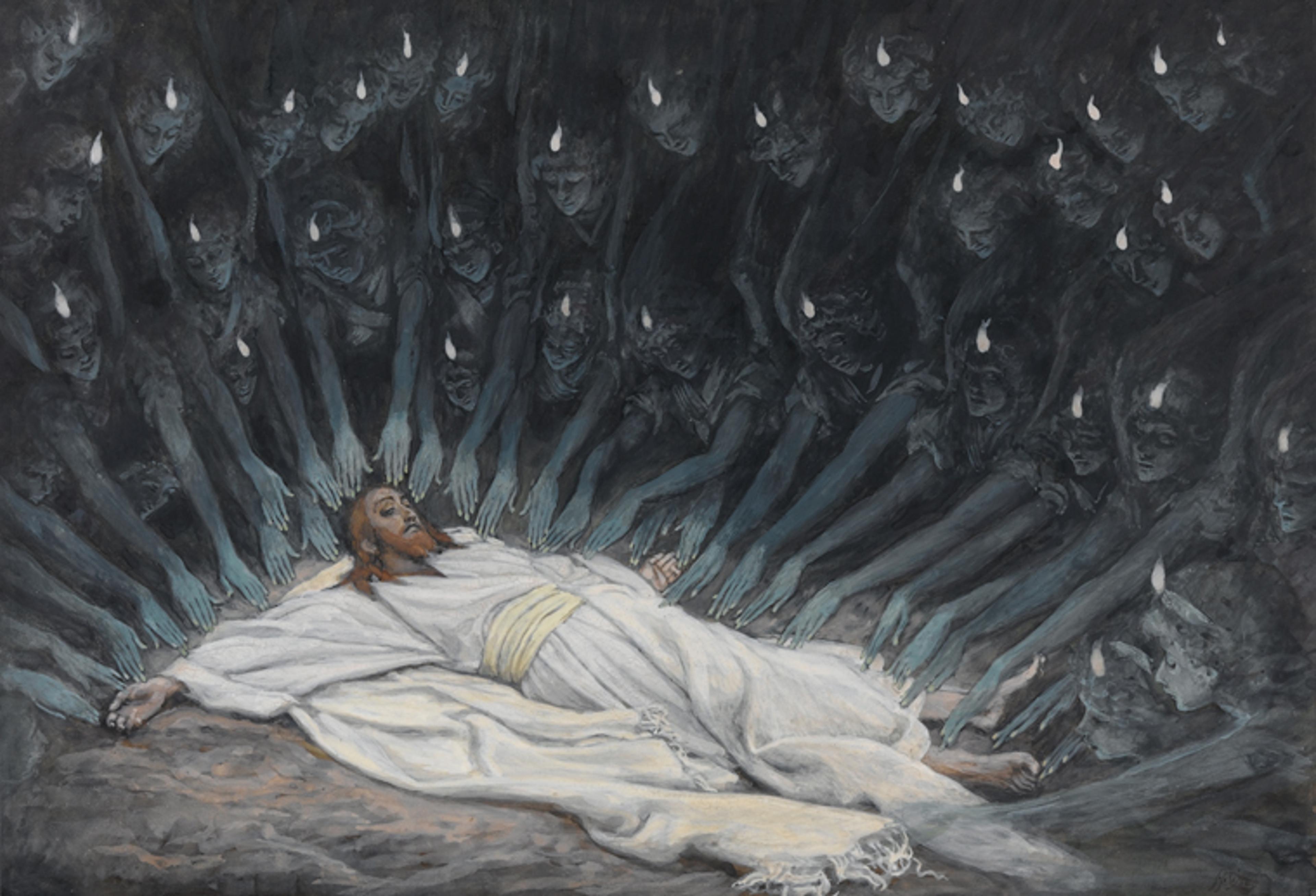 James Tissot (French, 1836–1902). Jesus Ministered to by Angels, 1886–94. Opaque watercolor over graphite on gray wove paper, 611⁄16 x 93⁄4 in. (17 × 24.8 cm). Brooklyn Museum, Purchased by public subscription, 00.159.54