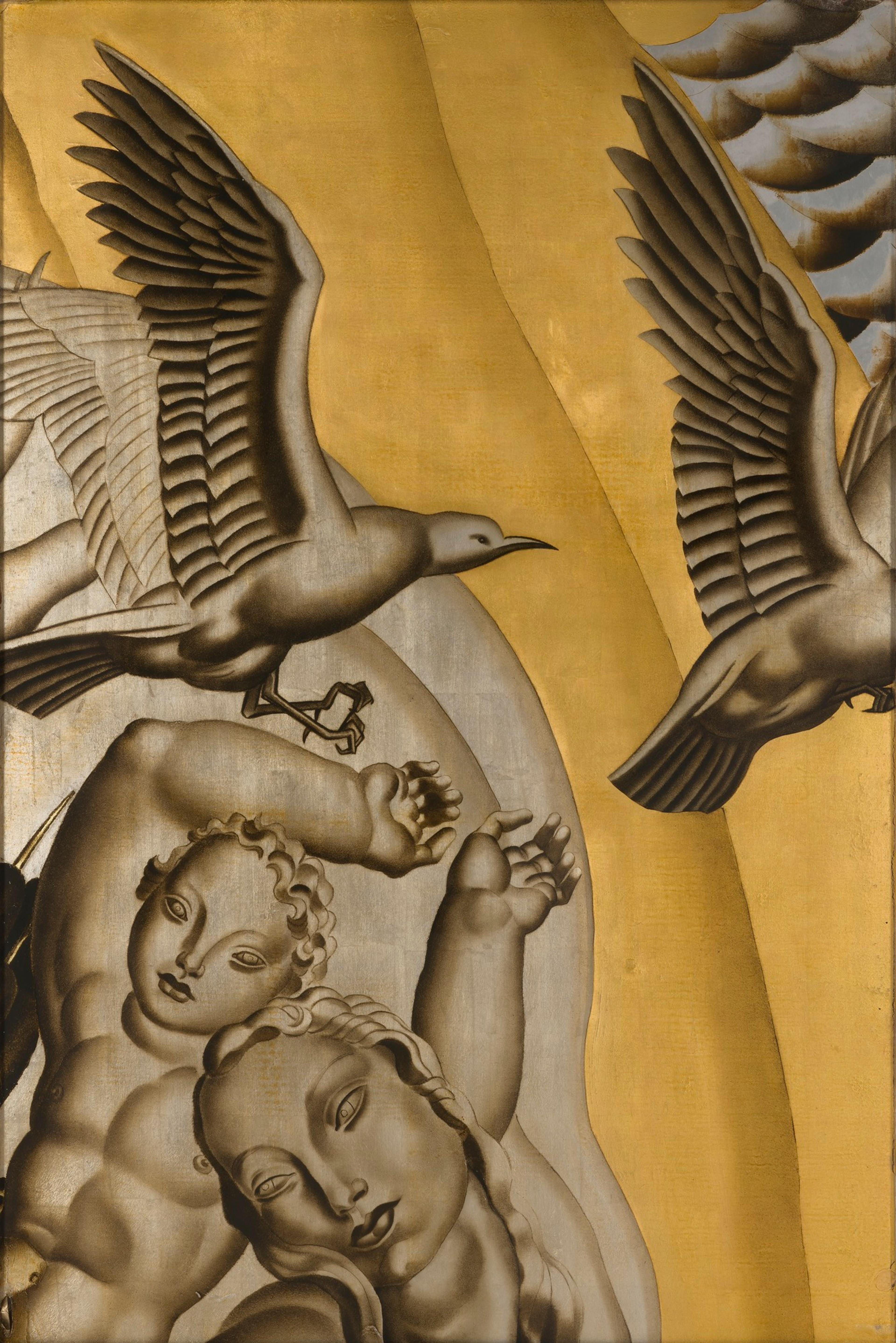 Painting of two humans and two birds set against a gold background