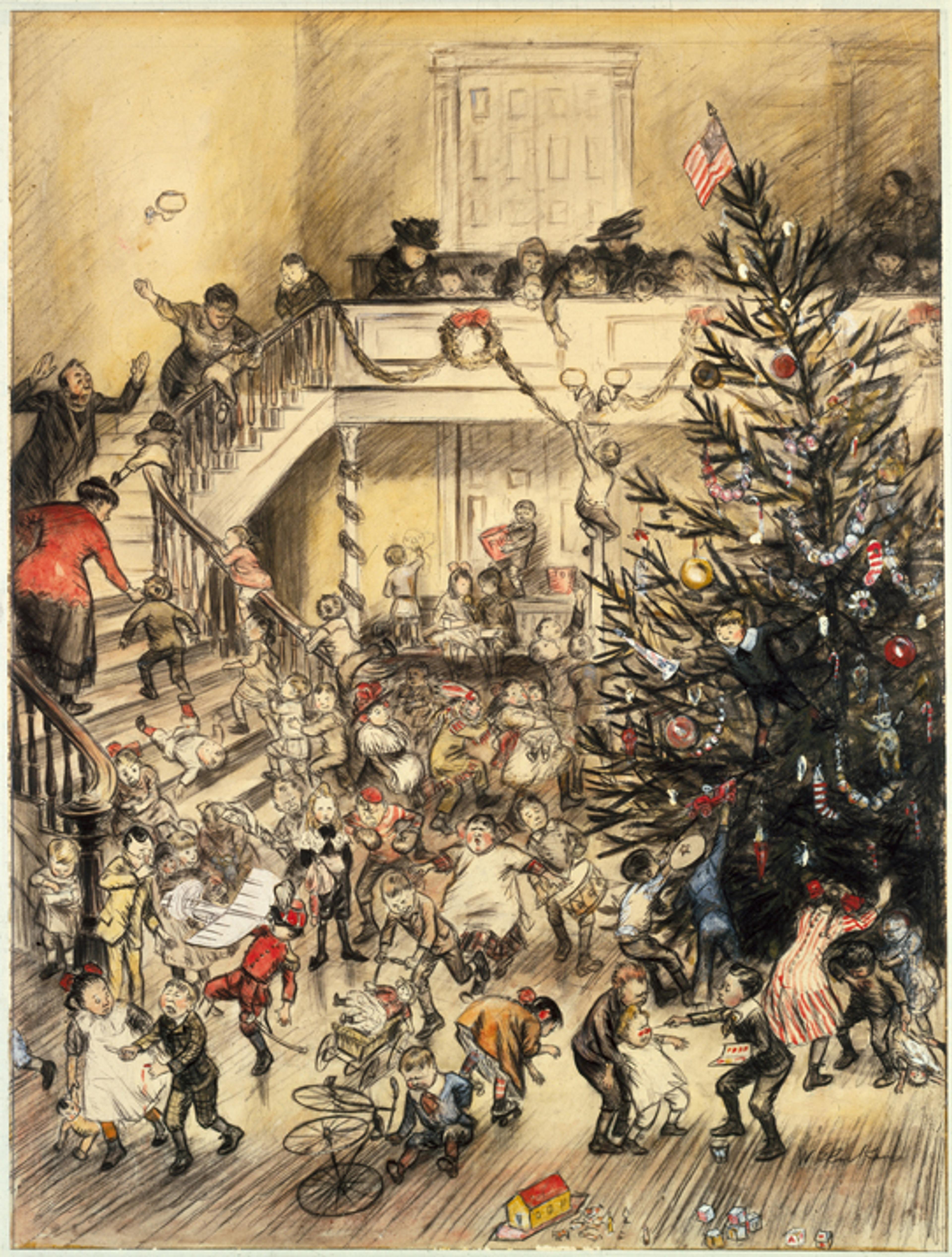 William J. Glackens (American, 1870–1938). Merry Christmas (Yuletide Revels), 1910. Illustration for Collier’s, The National Weekly, December 10, 1910. Black conté crayon, ink, watercolor, graphite, and paper attachment on pulp board. Brooklyn Museum, Gift of Ira Glackens, 63.58