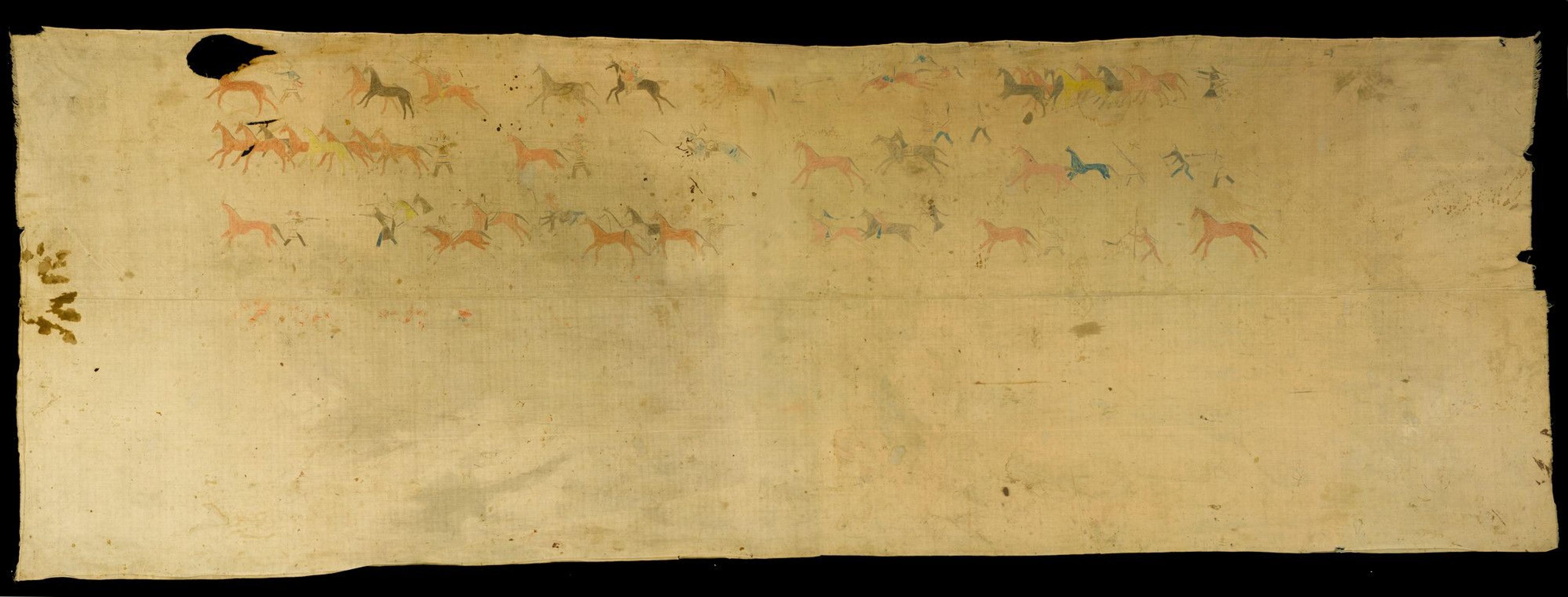 Rain-In-The-Face (Hunkpapa, Lakota, circa 1835–1905). Tipi Liner, 1850–89. Coton, pigment, crayon, pencil, 20115/16 × 6711/16 in. (512.9 ×171.9 cm). Brooklyn Museum; Frank L. Babbott Fund, 43.221.1. (Photo: Brooklyn Museum)