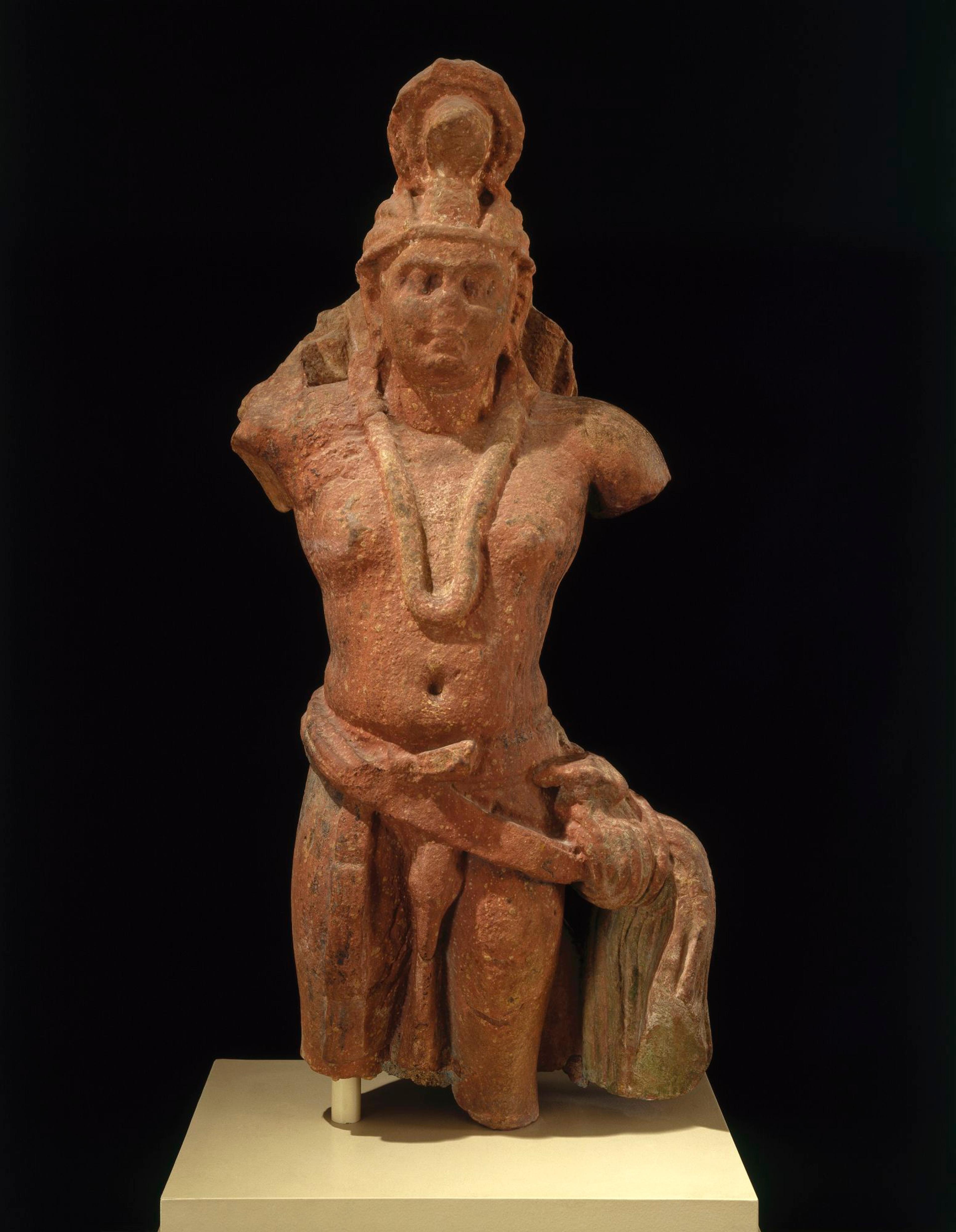 Serpent King (Nagaraja). Northern India (Uttar Pradesh, Mathura), Kushana period, 1st–2nd century C.E. Sandstone, 47 × 18 × 10 3/8 in. (119.4 × 45.7 × 26.4 cm). Brooklyn Museum; Frank L. Babbott Fund and A. Augustus Healy Fund, 67.202. (Photo: Brooklyn Museum)