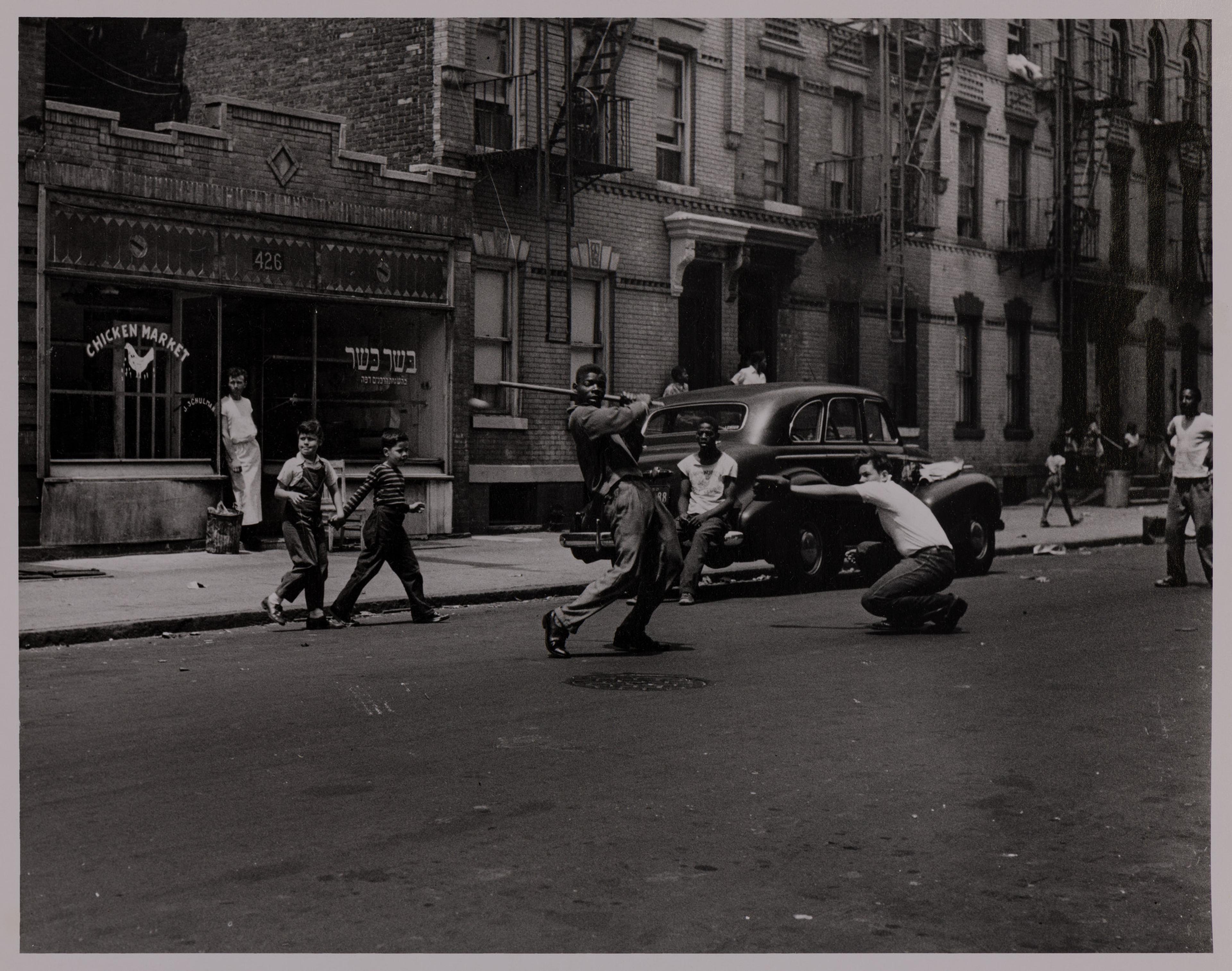 Arthur Leipzig (American, 1918–2014). <i>Stickball</i>, 1951. Toned gelatin silver print. Brooklyn Museum, Gift of the artist, 86.152.5. © artist or artist’s estate. (Photo: Brooklyn Museum)