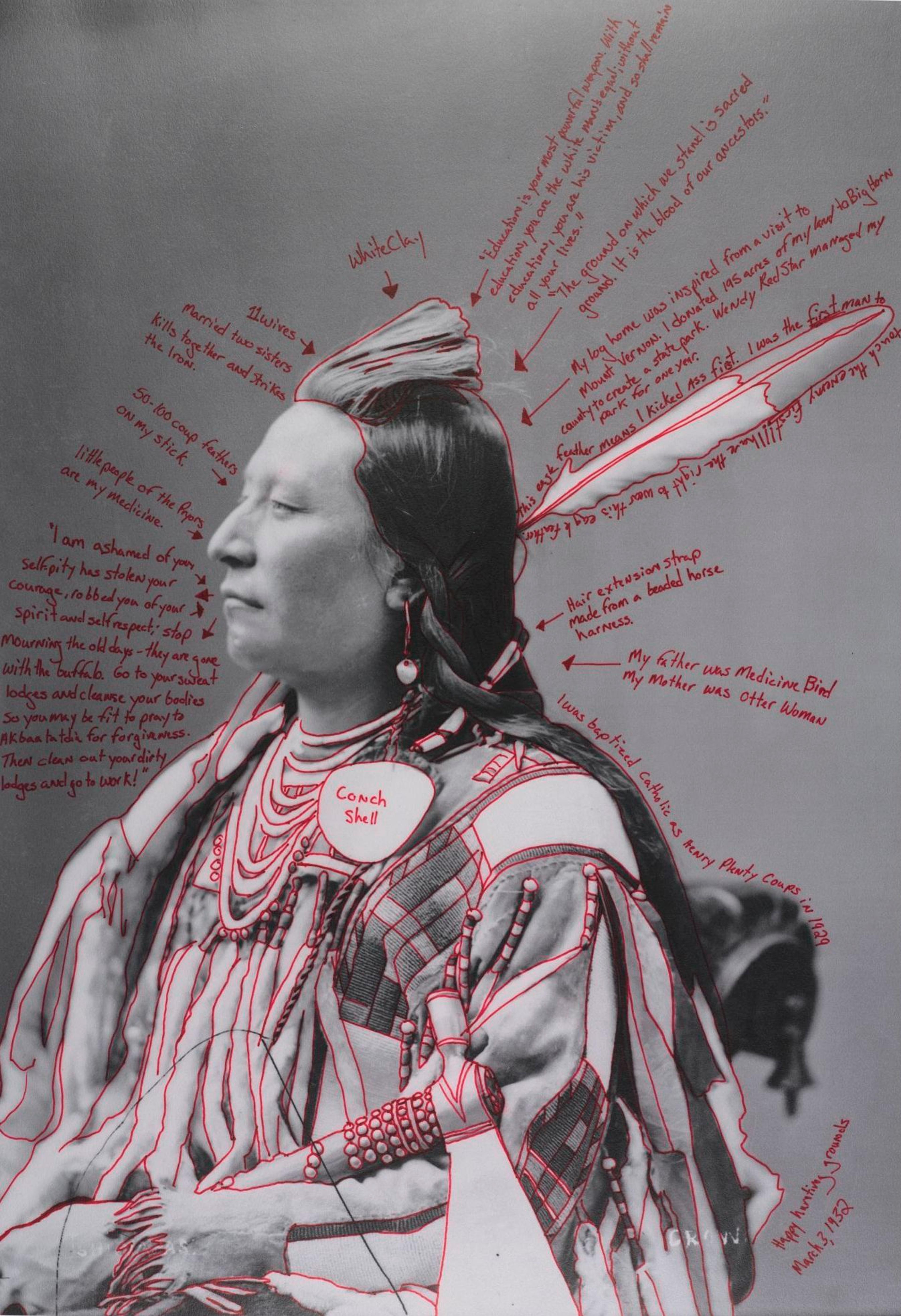 Wendy Red Star (Apsáalooke (Crow), born 1981). Alaxchiiaahush / Many War Achievements / Plenty Coups, 2014, from the series 1880 Crow Peace Delegation. Pigment print on paper, from digitally reproduced and artist-manipulated photograph by C.M. (Charles Milton) Bell, National Anthropological Archives, Smithsonian Institution, 25 × 17 in. (63.5 × 43.2 cm). Brooklyn Museum; Elizabeth A. Sackler Center for Feminist Art, Gift of Loren G. Lipson, M.D., TL2018.8.5a–b. © Wendy Red Star. (Photo: Jonathan Dorado, Brooklyn Museum)