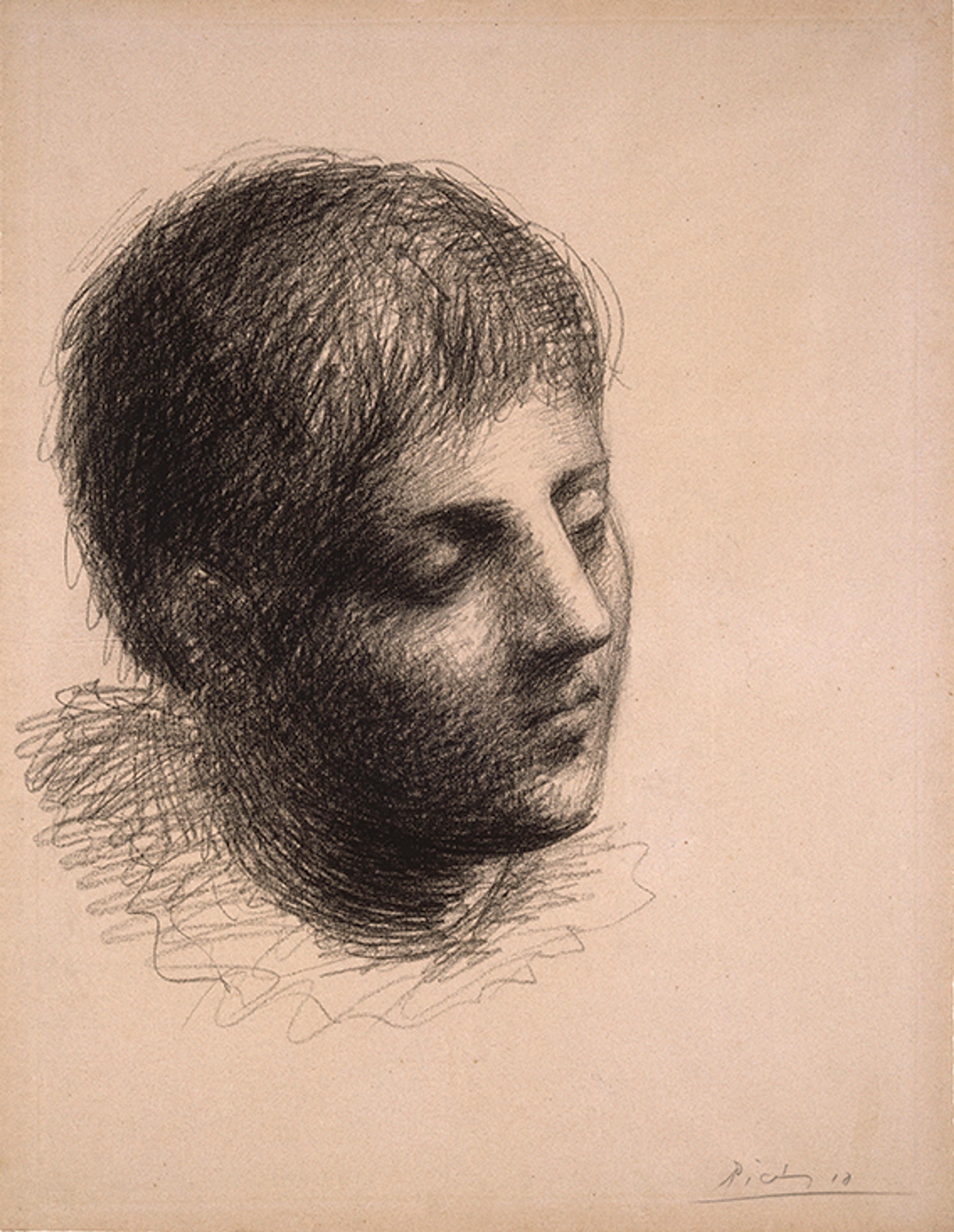 Pablo Picasso (Spanish, 1881–1973). Head of a Young Man (Tête de jeune homme), 1923. Grease crayon on pink Michallet laid paper, 241/2 x 185/8 in. (62.2 x 47.3 cm). Brooklyn Museum; Carll H. de Silver Fund, 39.18. © 2018 Estate of Pablo Picasso / Artists Rights Society (ARS), New York