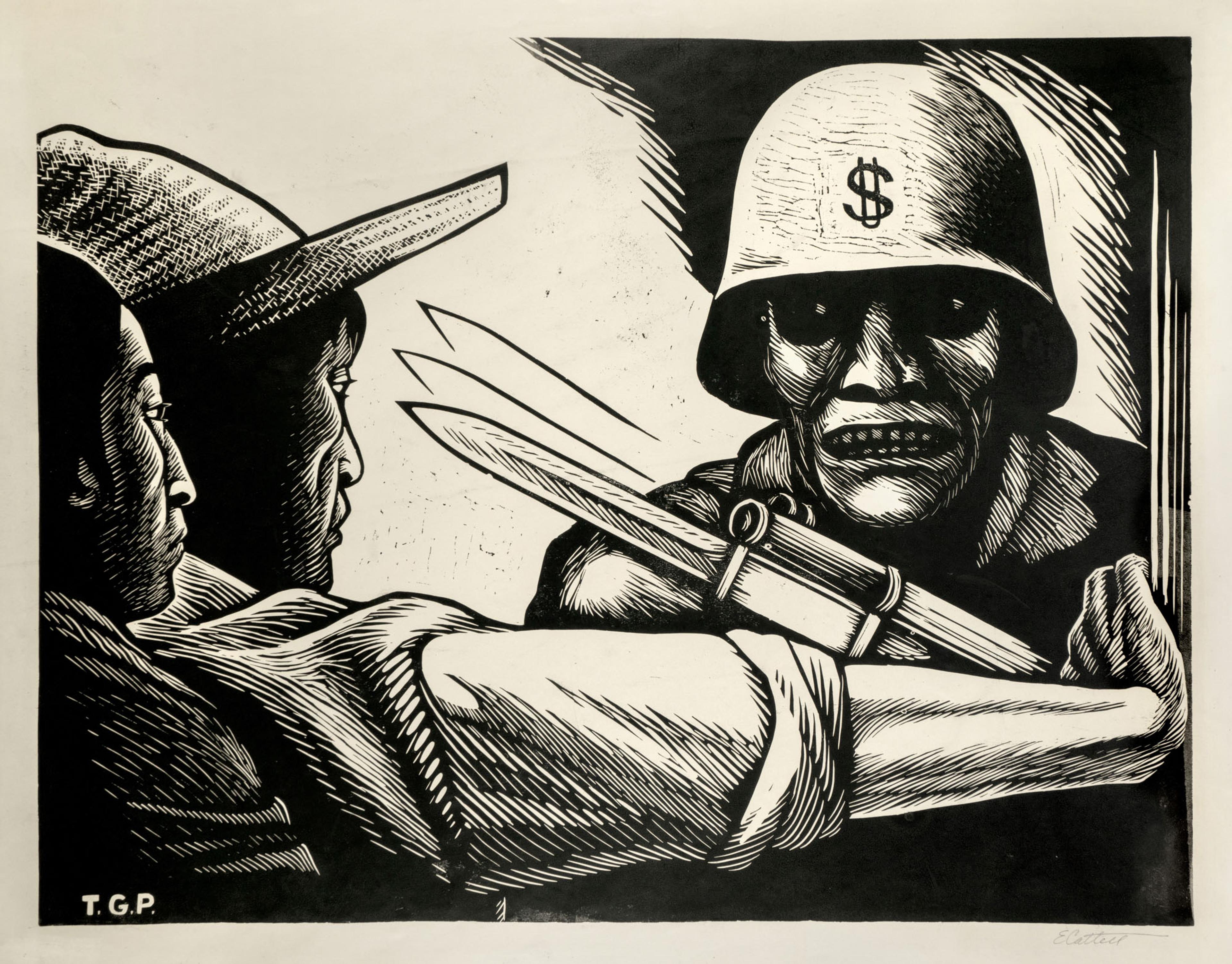 Black and white print of two people facing another threatening person with a gun and a military helmet that features a dollar sign