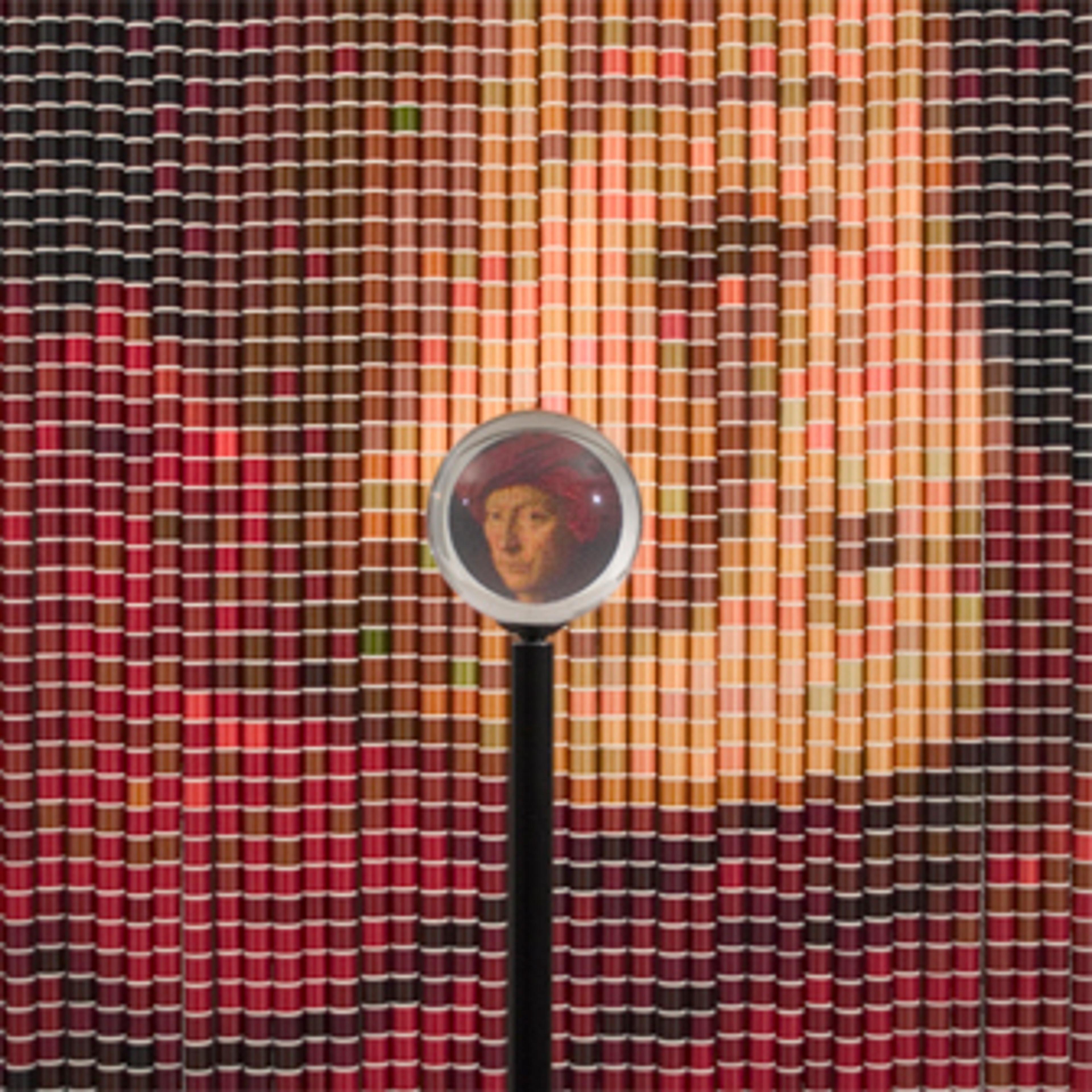 Devorah Sperber (American, b. 1961). After van Eyck (Man In a Red Turban) (detail), 2006. 5,024 spools of thread, stainless steel ball chain and hanging apparatus, acrylic viewing sphere, and metal stand. Courtesy of the artist