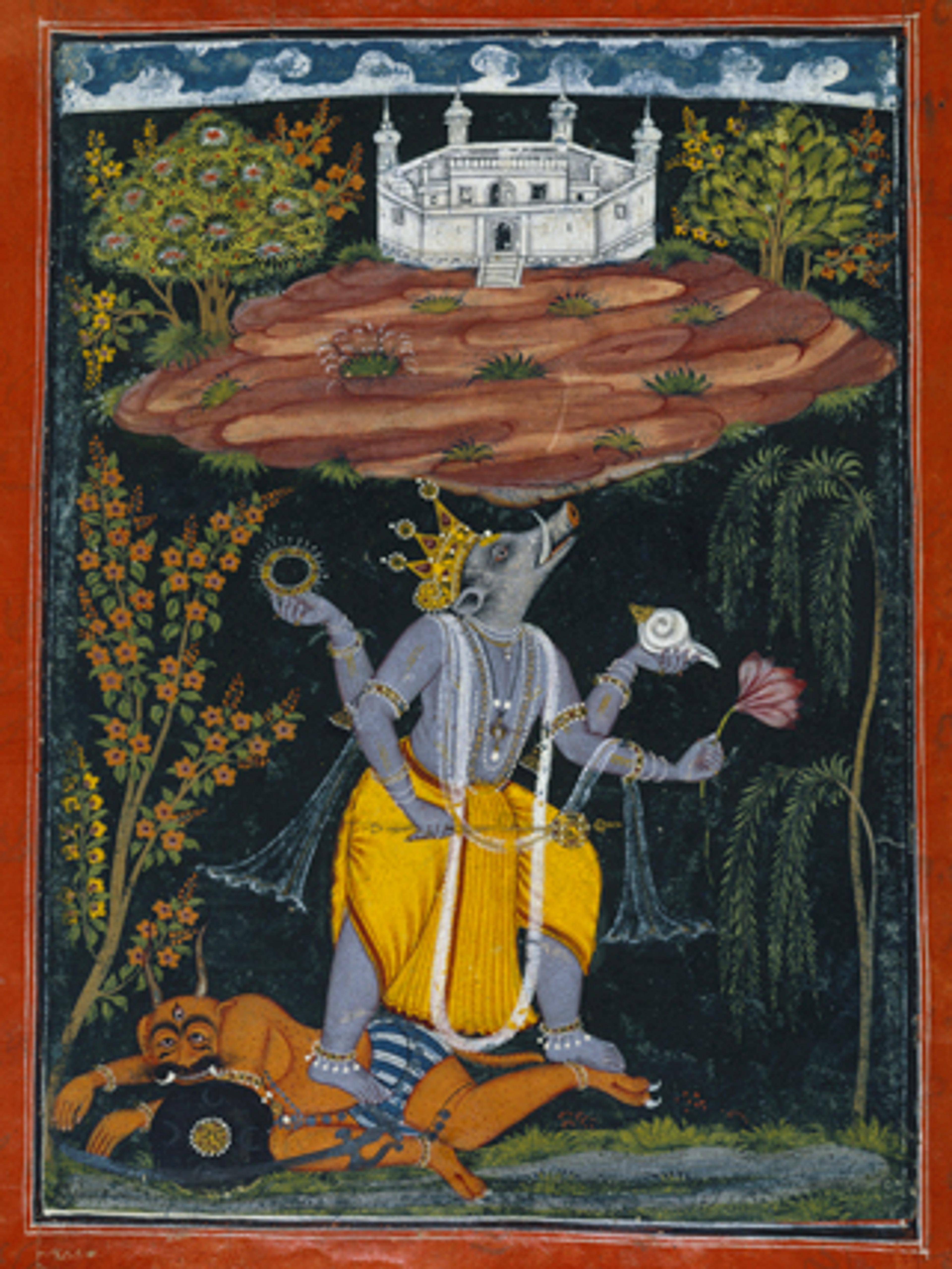 Varaha Rescuing the Earth, page from an illustrated Dashavatara series. India, circa 1730–40. Opaque watercolor, gold, and silver on paper, 101⁄2 x 81⁄8 in. (26.7 × 20.6 cm). Brooklyn Museum Collection, by exchange, 41.1026