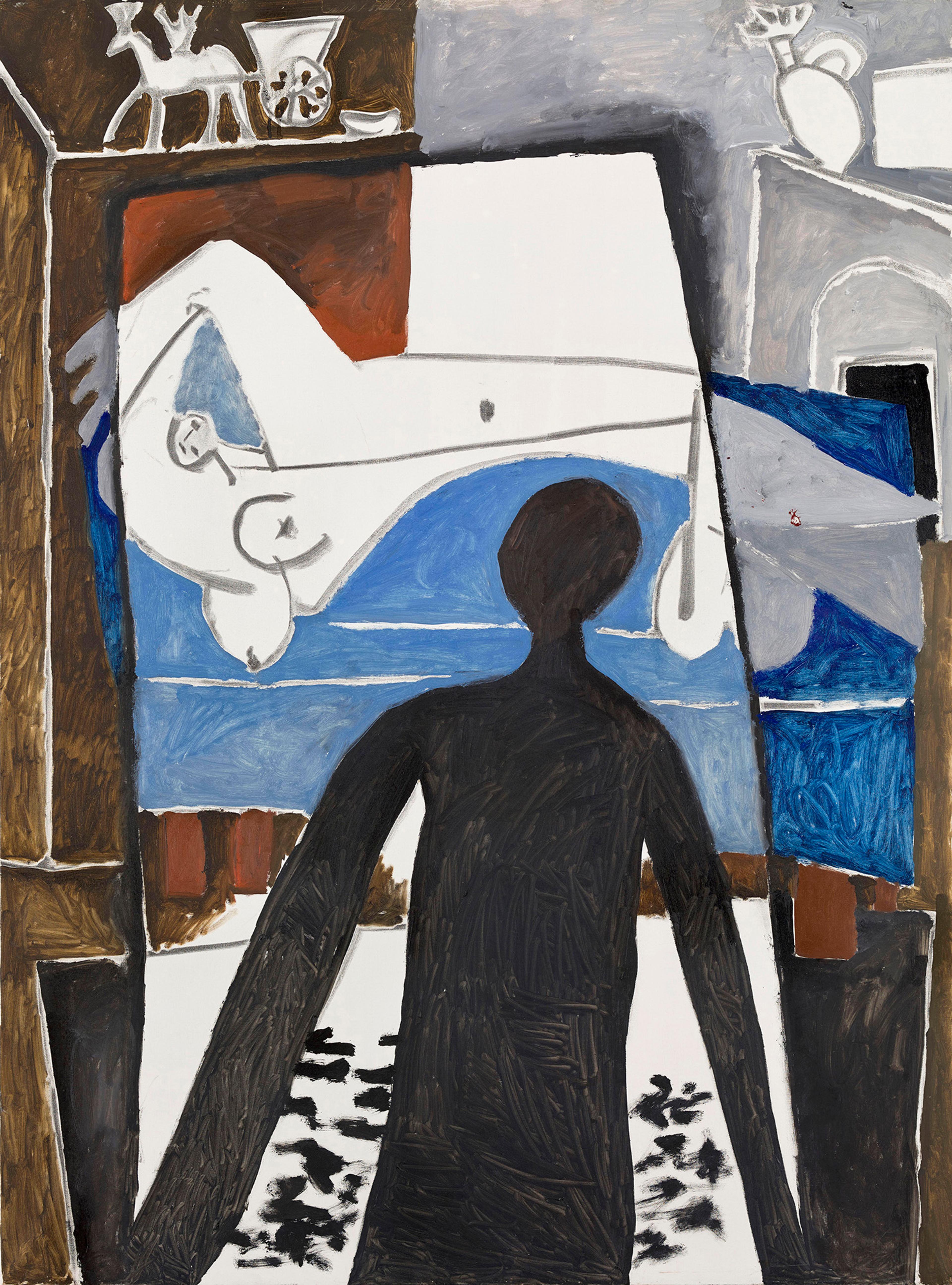 A painting with a silhouetted figure facing a fragmented scene of a reclining figure, blue sky, and abstract objects