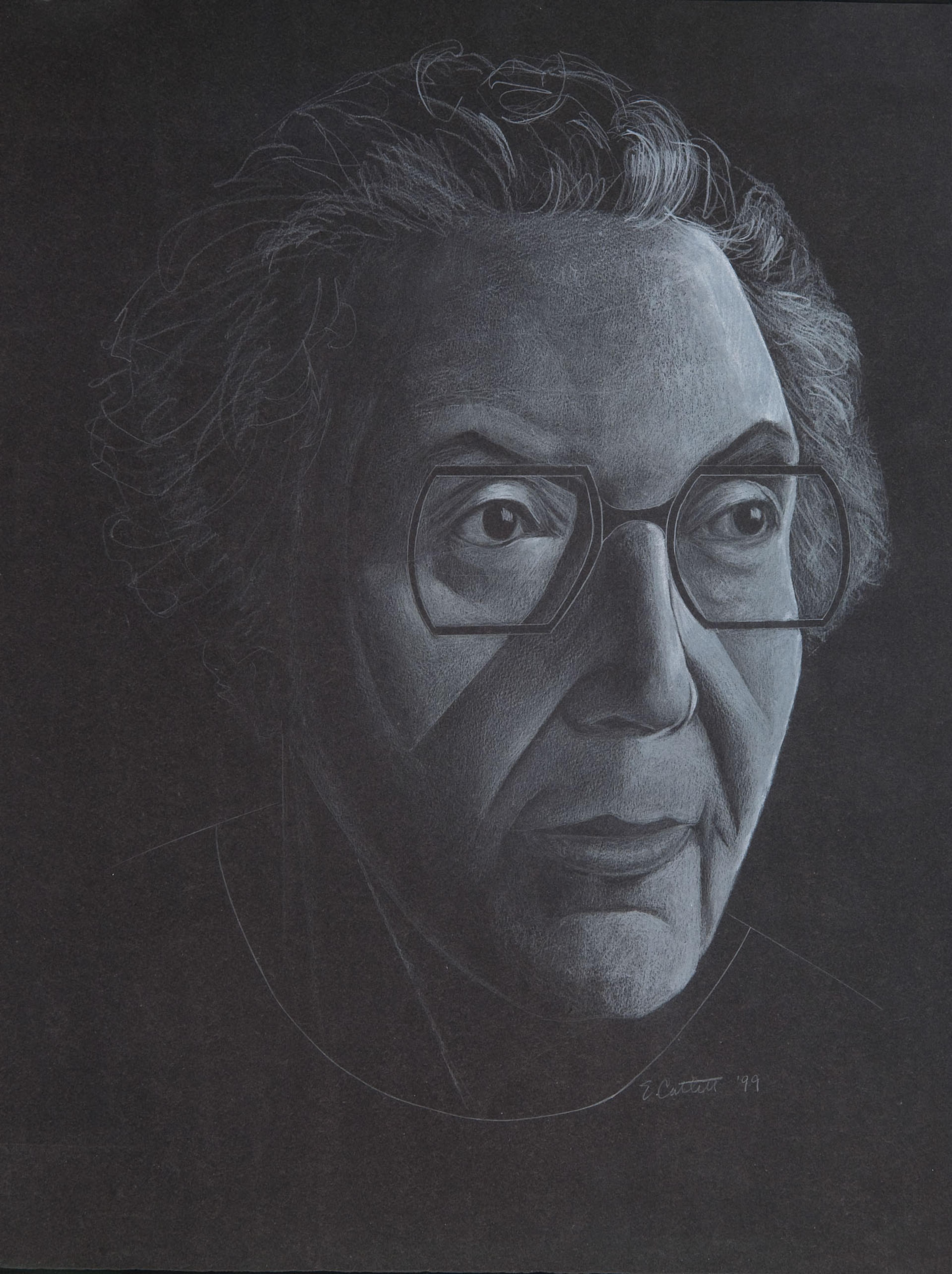 White pencil drawing of a person with short hair and glasses, set against a black background