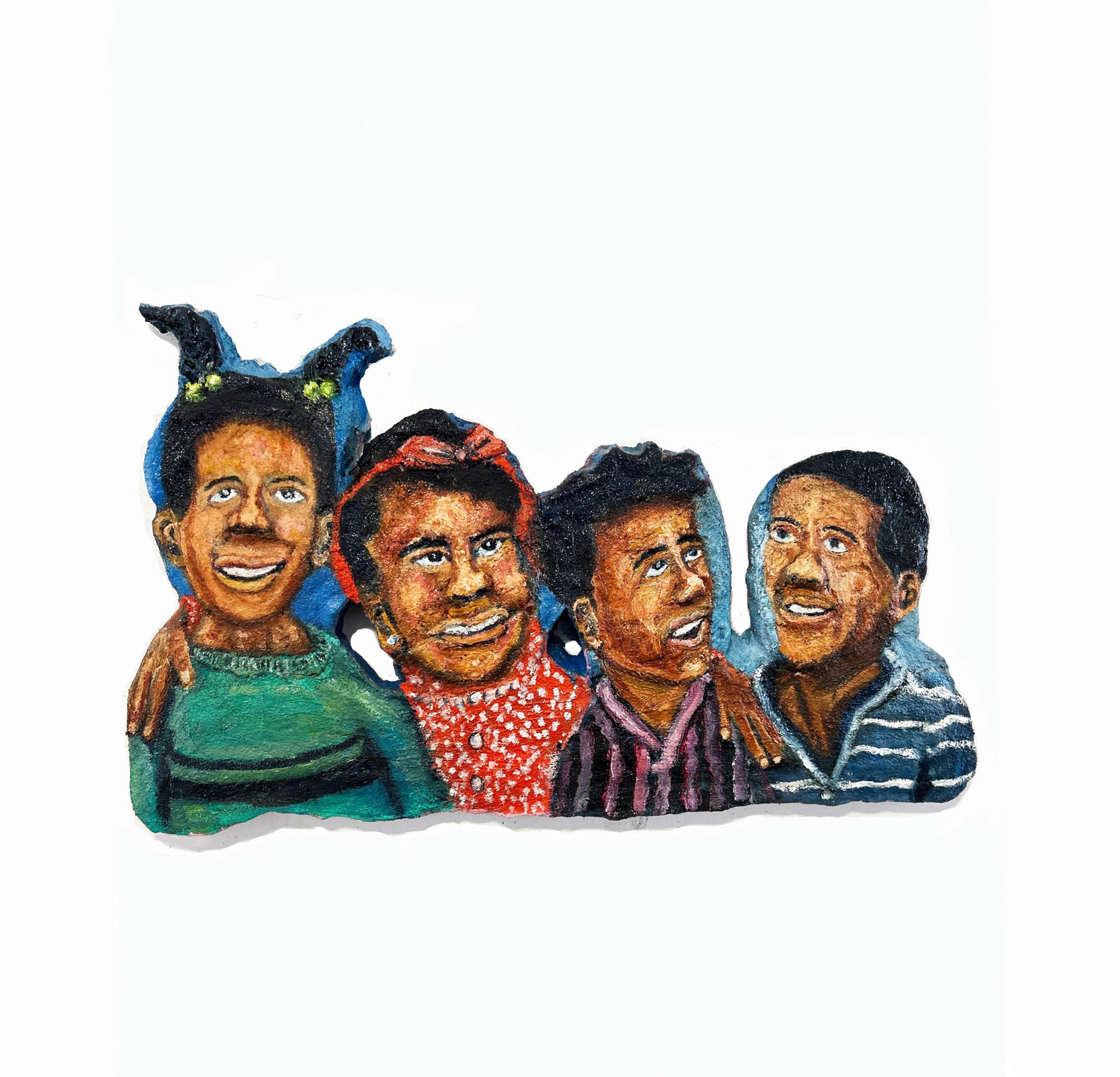 A cut-out artwork of four people with arms around each other