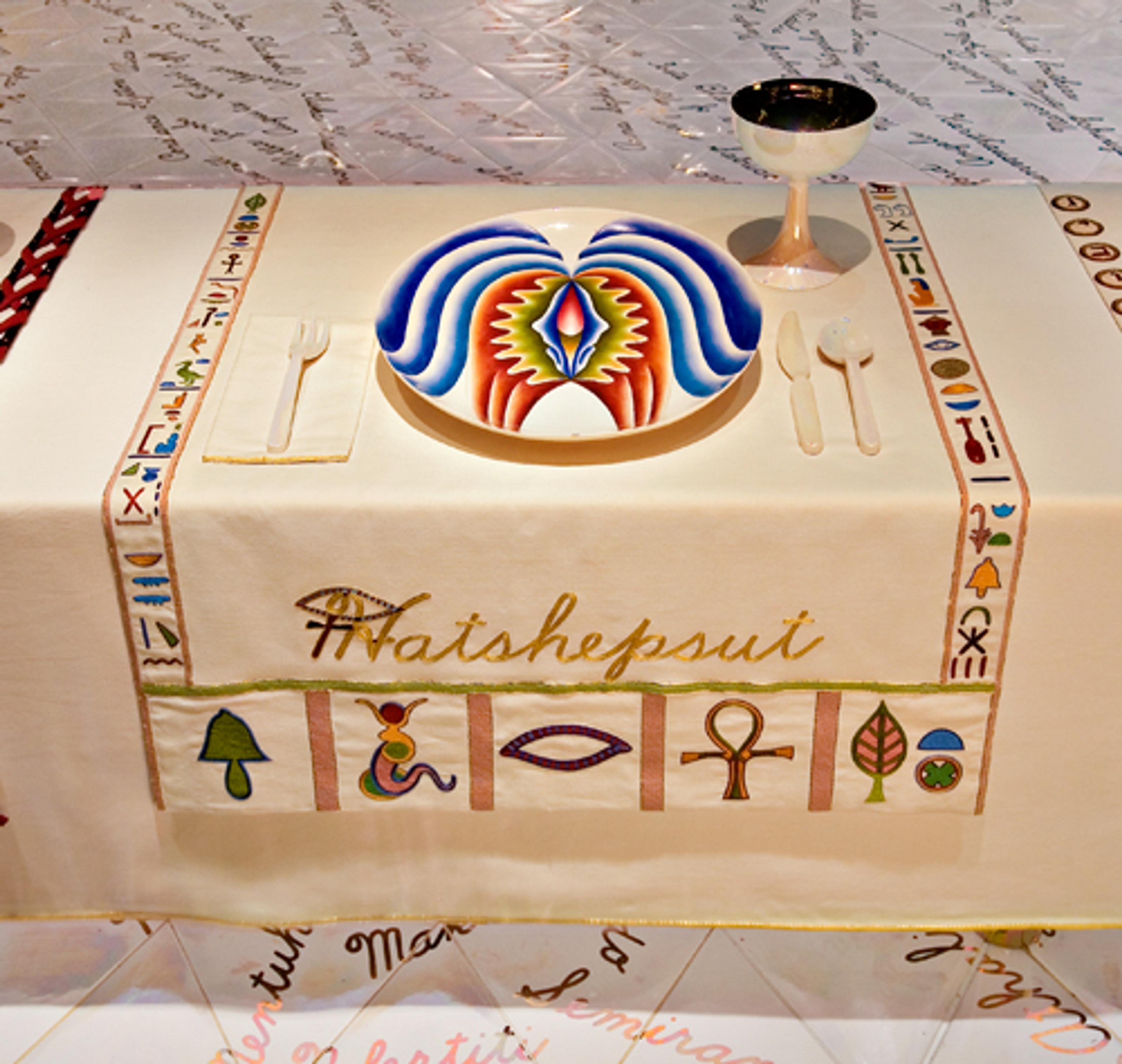 Judy Chicago (American, b. 1939). <i>The Dinner Party (Hatshepsut place setting)</i>, 1974–79. Mixed media: ceramic, porcelain, textile. Brooklyn Museum, Gift of the Elizabeth A. Sackler Foundation, 2002.10. © Judy Chicago. Photograph by Jook Leung Photography