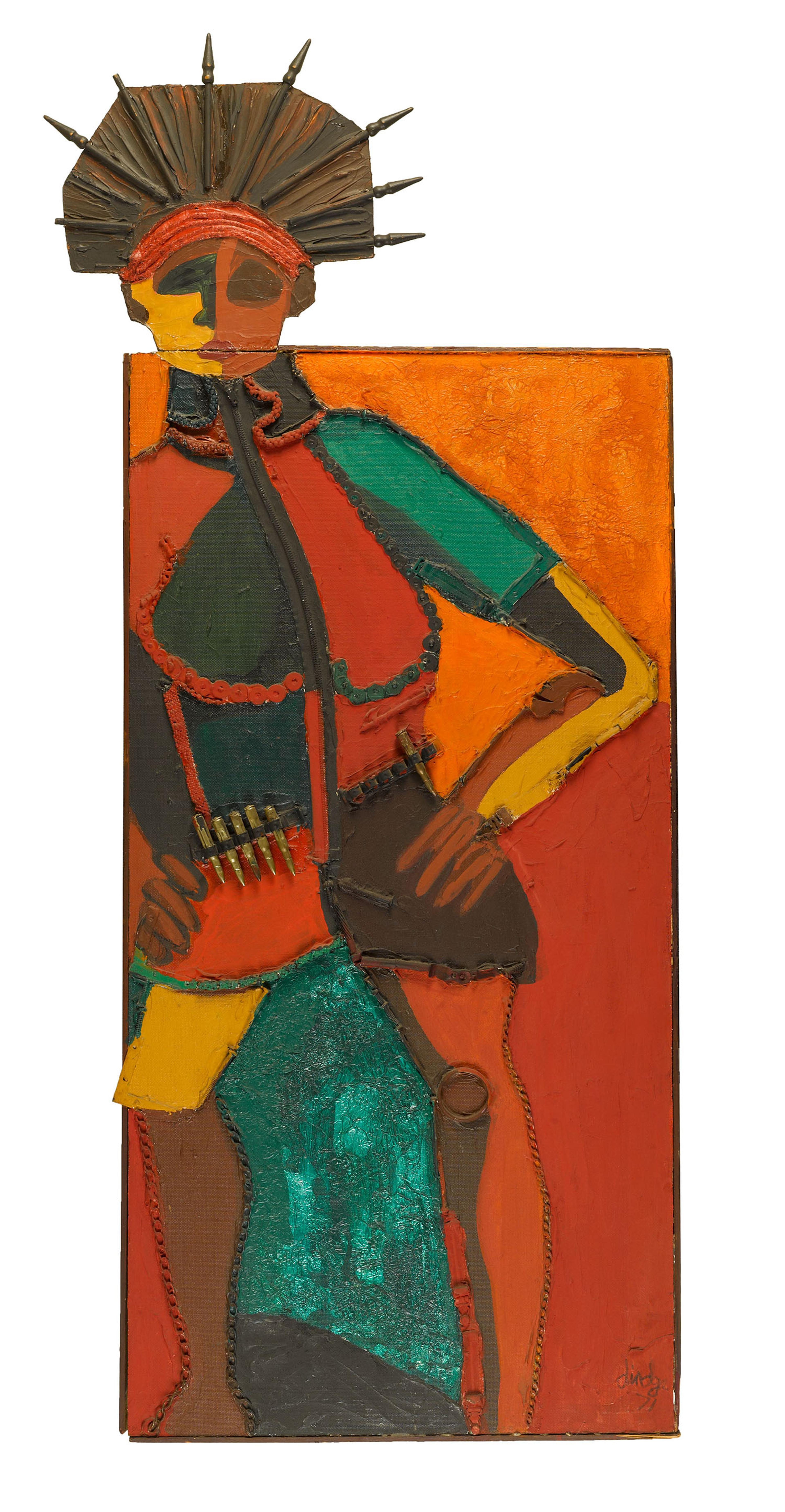 Dindga McCannon (American, born 1947). <i>Revolutionary Sister</i>, 1971. Mixed-media construction on wood, 62 × 27 in. (157.5 × 68.6 cm). Brooklyn Museum; Gift of R. M. Atwater, Anna Wolfrom Dove, Alice Fiebiger, Joseph Fiebiger, Belle Campbell Harriss, and Emma L. Hyde, by exchange, Designated Purchase Fund, Mary Smith Dorward Fund, Dick S. Ramsay Fund, and Carll H. de Silver Fund, 2012.80.32. © Dindga McCannon