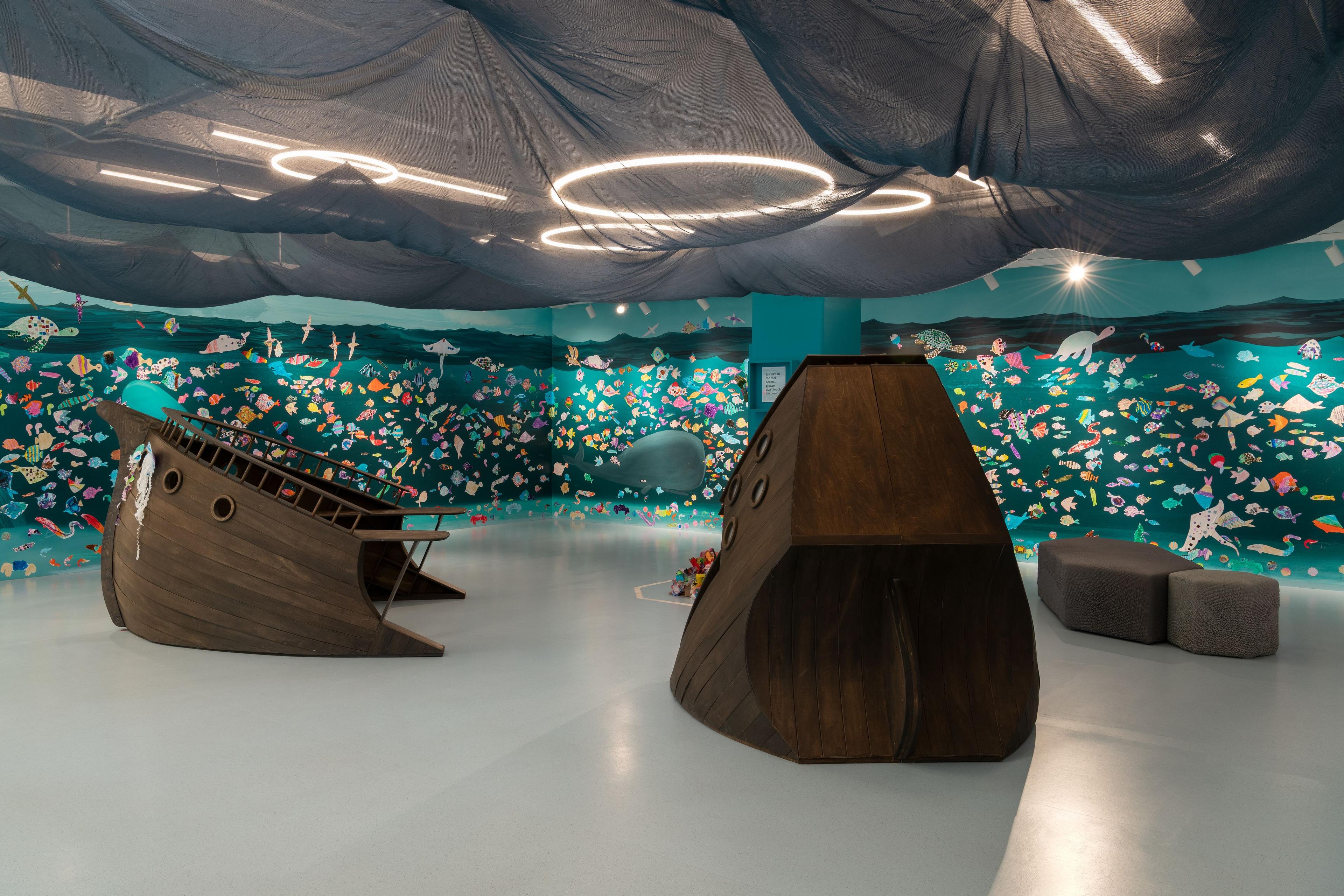 Installation view, <i>Oliver Jeffers: Life at Sea</i>. Brooklyn Museum, September 19, 2025–April 26, 2026. (Photo: Paula Abreu Pita)