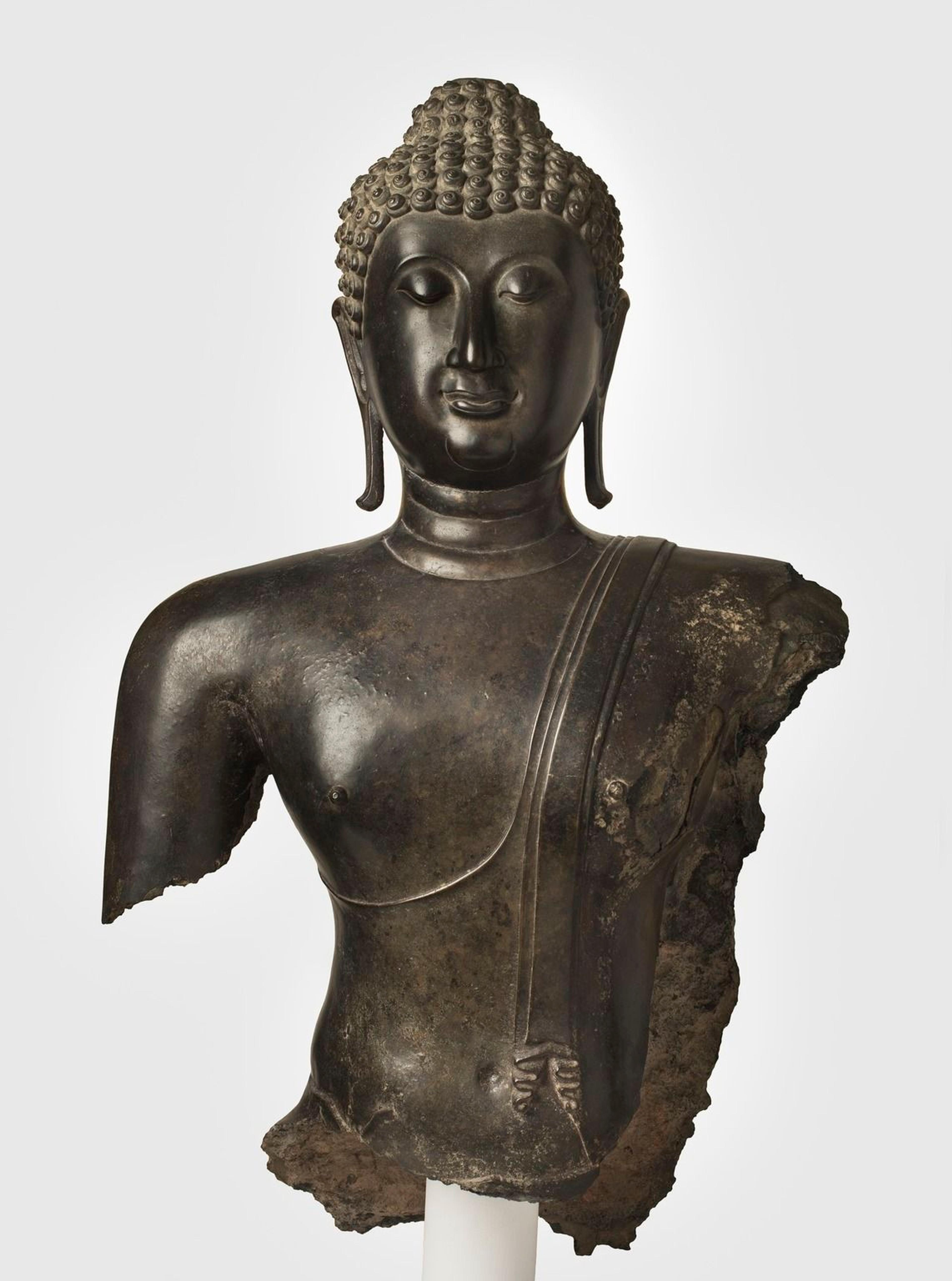 Head and Torso of a Buddha. Thailand, 14th century. Bronze, 38 × 22 1/2 × 11 in. (96.5 × 57.2 × 27.9 cm.). Brooklyn Museum; Purchased with funds given by the Charles Bloom Foundation, Inc., in memory of Mildred and Charles Bloom, 88.94. Creative Commons-BY. (Photo: Brooklyn Museum)