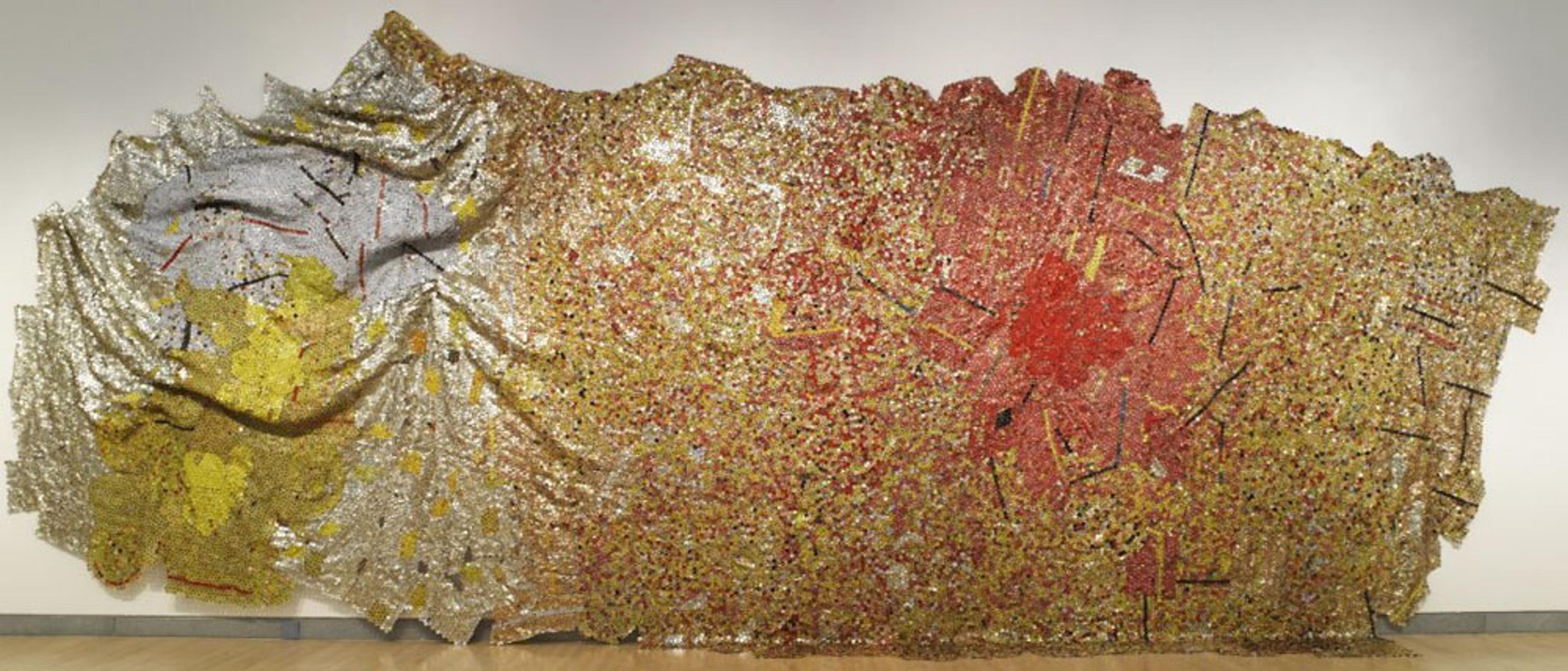 El Anatsui (Ghanaian, b. 1944). Gravity and Grace, 2010. Aluminum and copper wire, 1455⁄8 x 441 in. (369.9 × 1120.1 cm). Courtesy of the artist and Jack Shainman Gallery, New York. Brooklyn Museum photograph