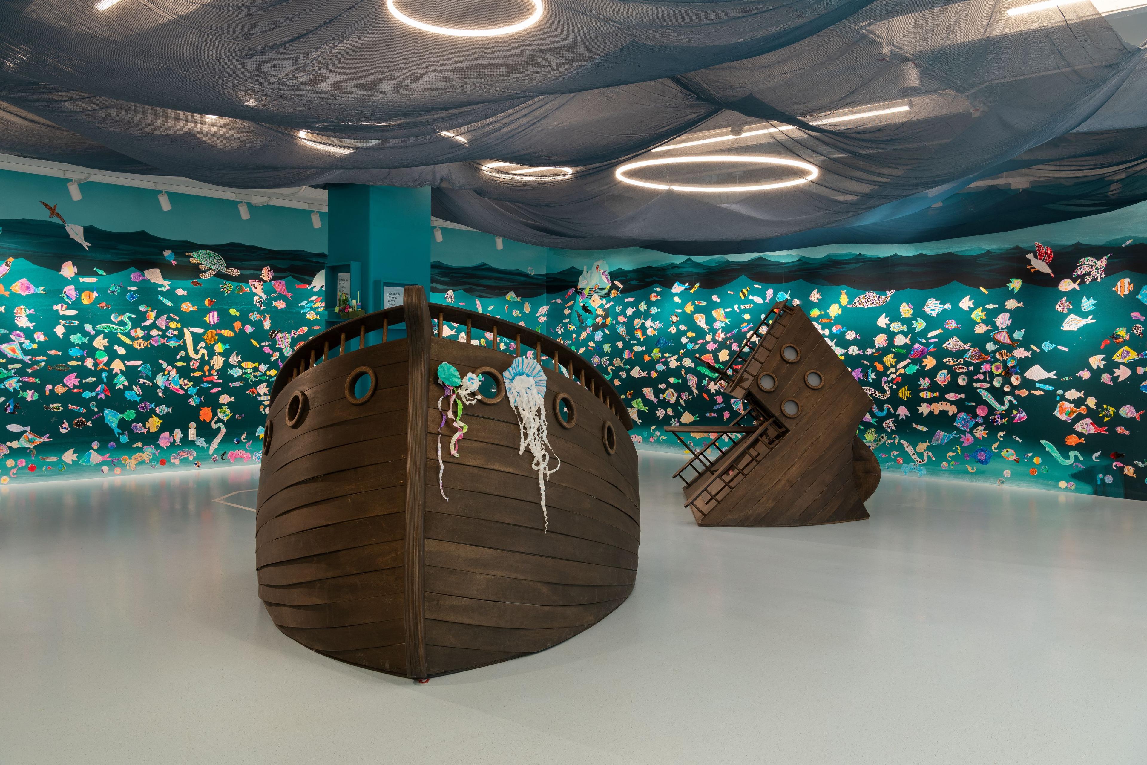 Installation view, <i>Oliver Jeffers: Life at Sea</i>. Brooklyn Museum, September 19, 2025–April 26, 2026. (Photo: Paula Abreu Pita)