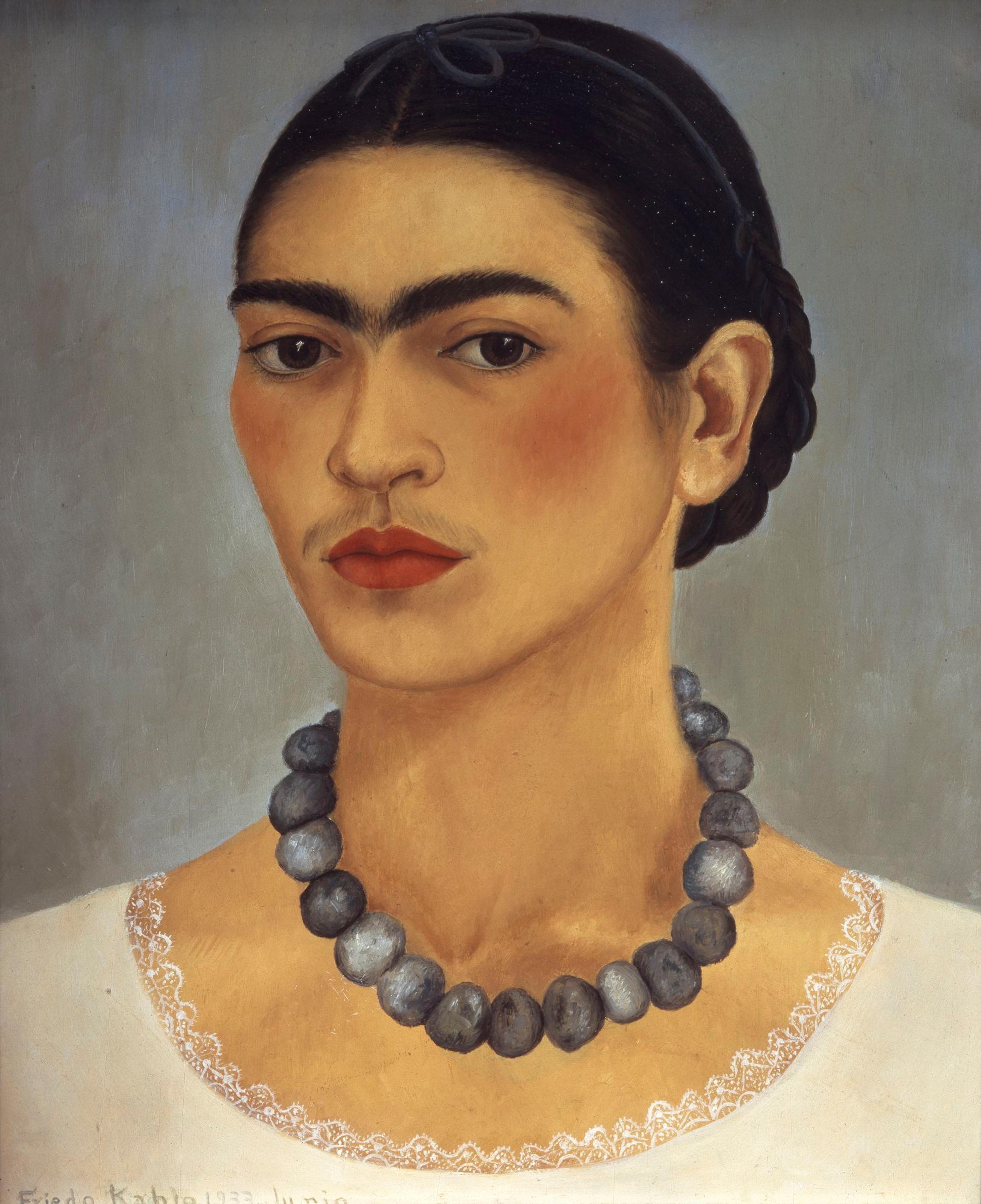 Frida Kahlo (Mexican, 1907–1954). Self-Portrait with a Necklace, 1933. Oil on metal, 133/4 x 11 in. (35 x 29 cm). The Jacques and Natasha Gelman Collection of 20th Century Mexican Art and the Vergel Foundation. © 2019 Banco de México Diego Rivera Frida Kahlo Museums Trust, Mexico, D.F. / Artists Rights Society (ARS), New York