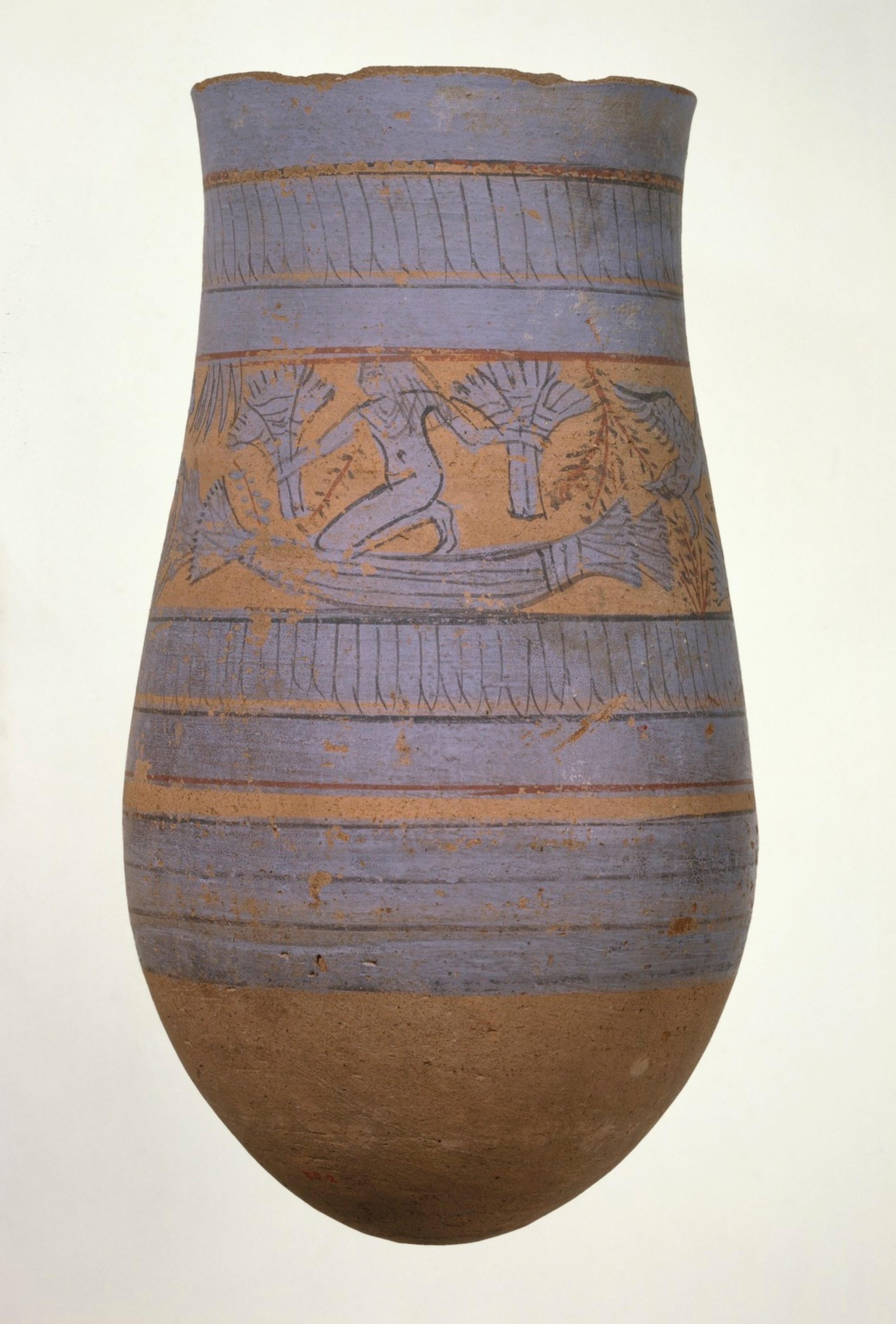 Round-bottomed, terracotta jar decorated with stripes and a scene of a figure on a reed boat in light blue paint