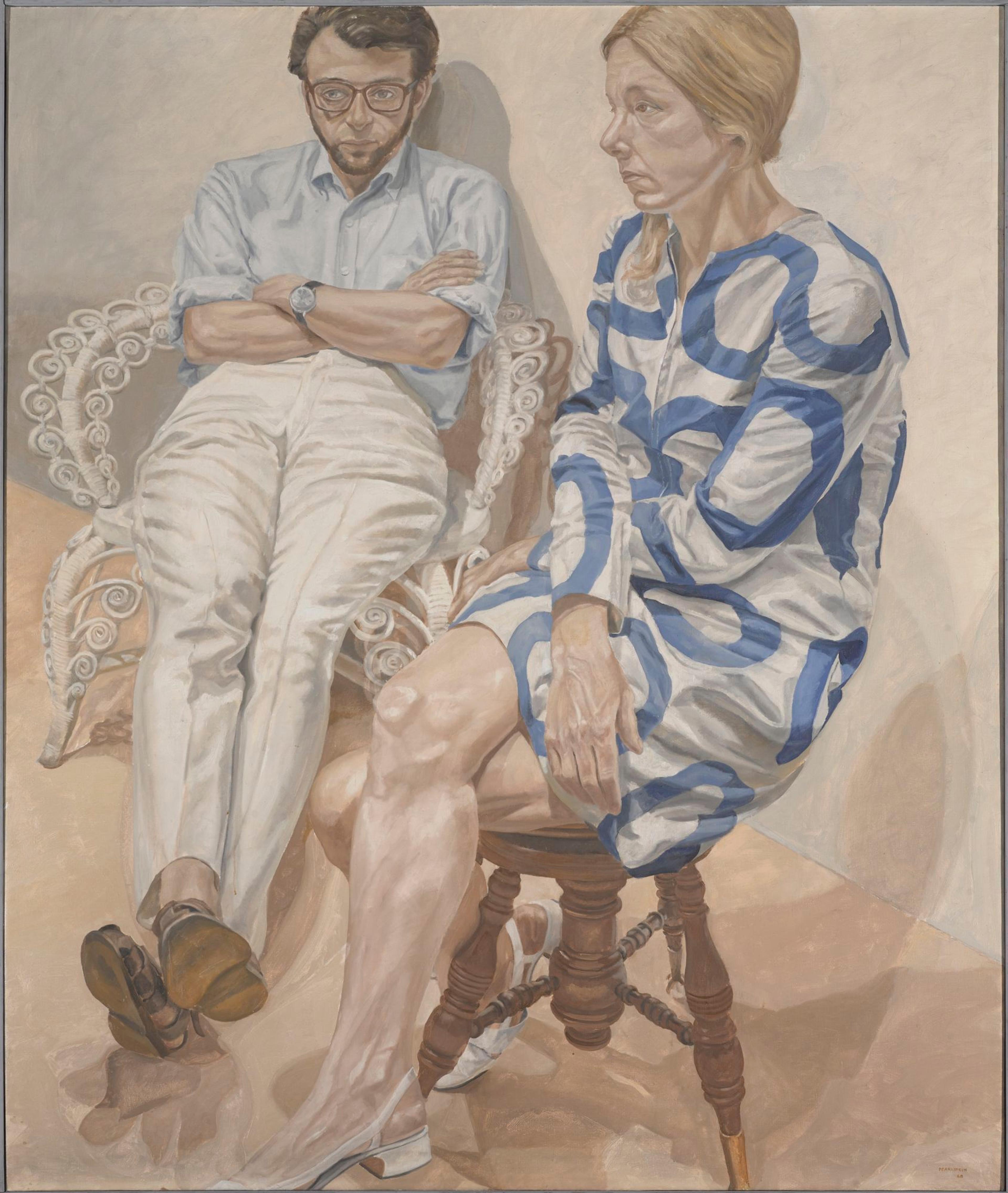 Philip Pearlstein (born Pittsburgh, Pennsylvania, 1924). Portrait of Linda Nochlin and Richard Pommer, 1968. Oil on canvas, 72 × 60 in. (182.9 × 152.4 cm). Brooklyn Museum; Elizabeth A. Sackler Center for Feminist Art, Gift of the Estate of Linda Nochlin Pommer, TL2018.12. © Philip Pearlstein. (Photo: Jonathan Dorado, Brooklyn Museum)