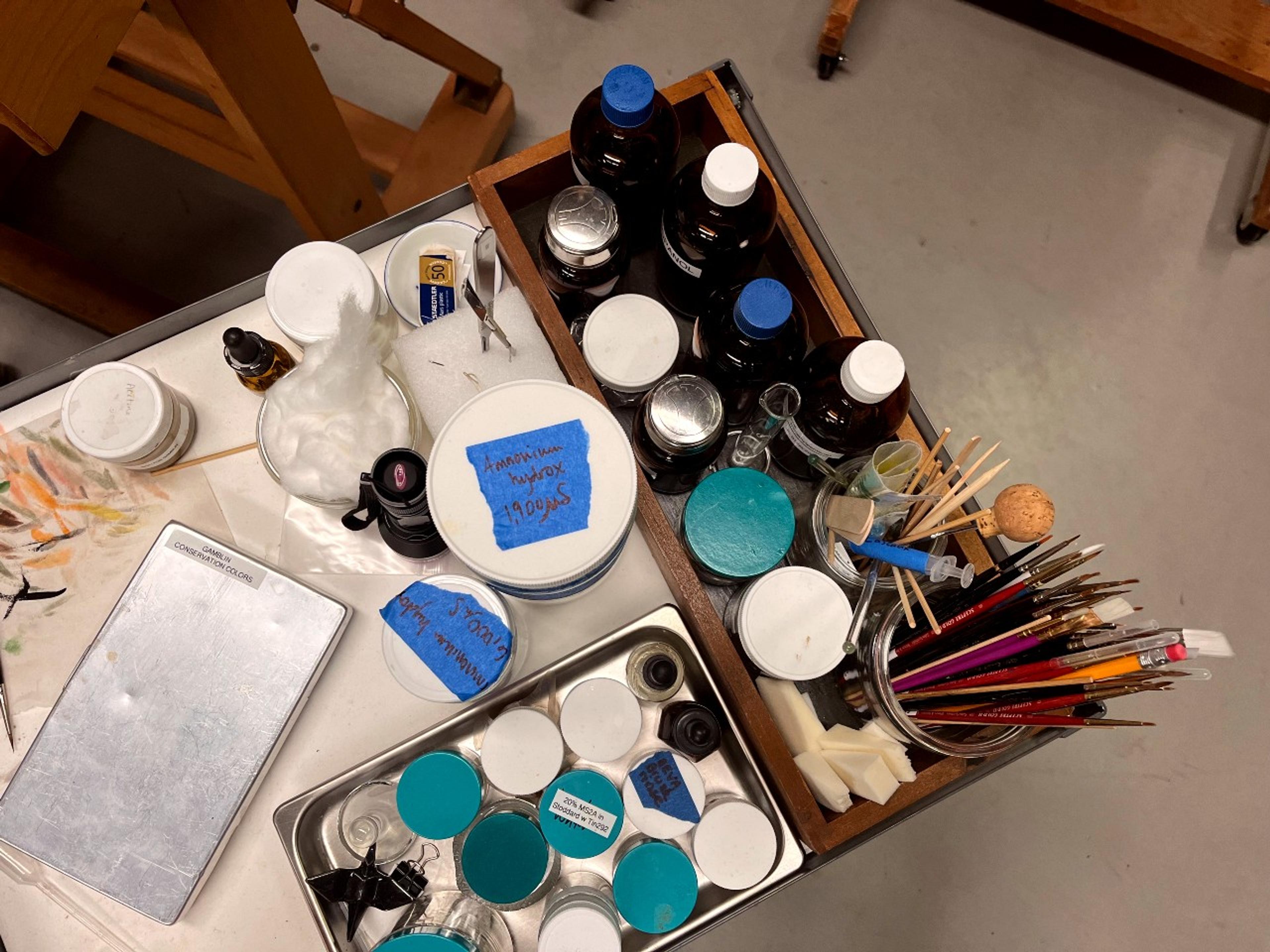 Conservators often work with chemicals like those pictured to preserve and restore art objects. (Photo: Corinne Segal)