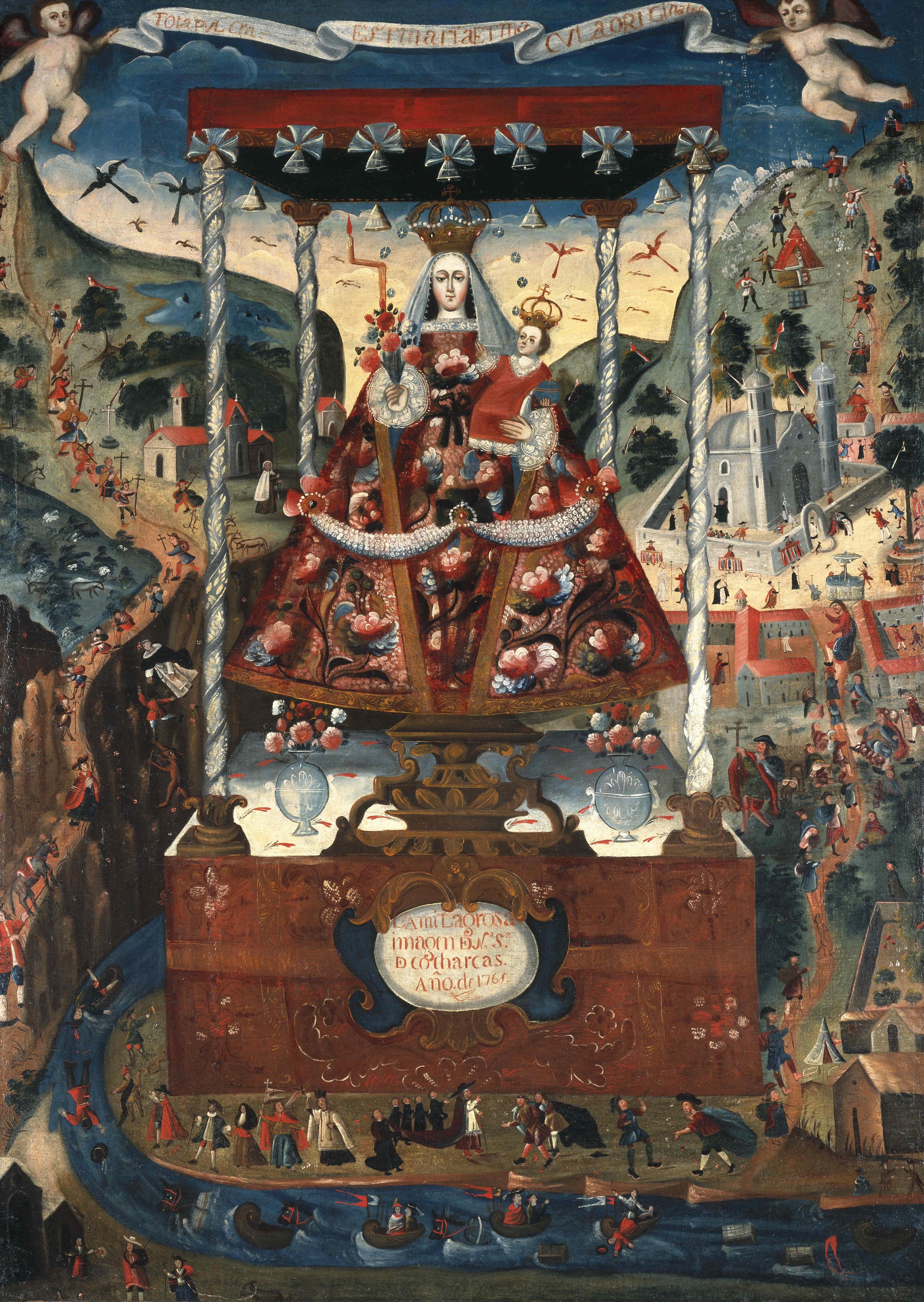 Our Lady of Cocharcas Under the Baldachin, inscribed 1765. Unidentified artist of the Cuzco School. Cuzco, Peru. Oil on canvas, 781⁄4 x 561⁄2 in. (198.8 × 143.5 cm). Brooklyn Museum; Bequest of Mary T. Cockcroft, by exchange, 57.144