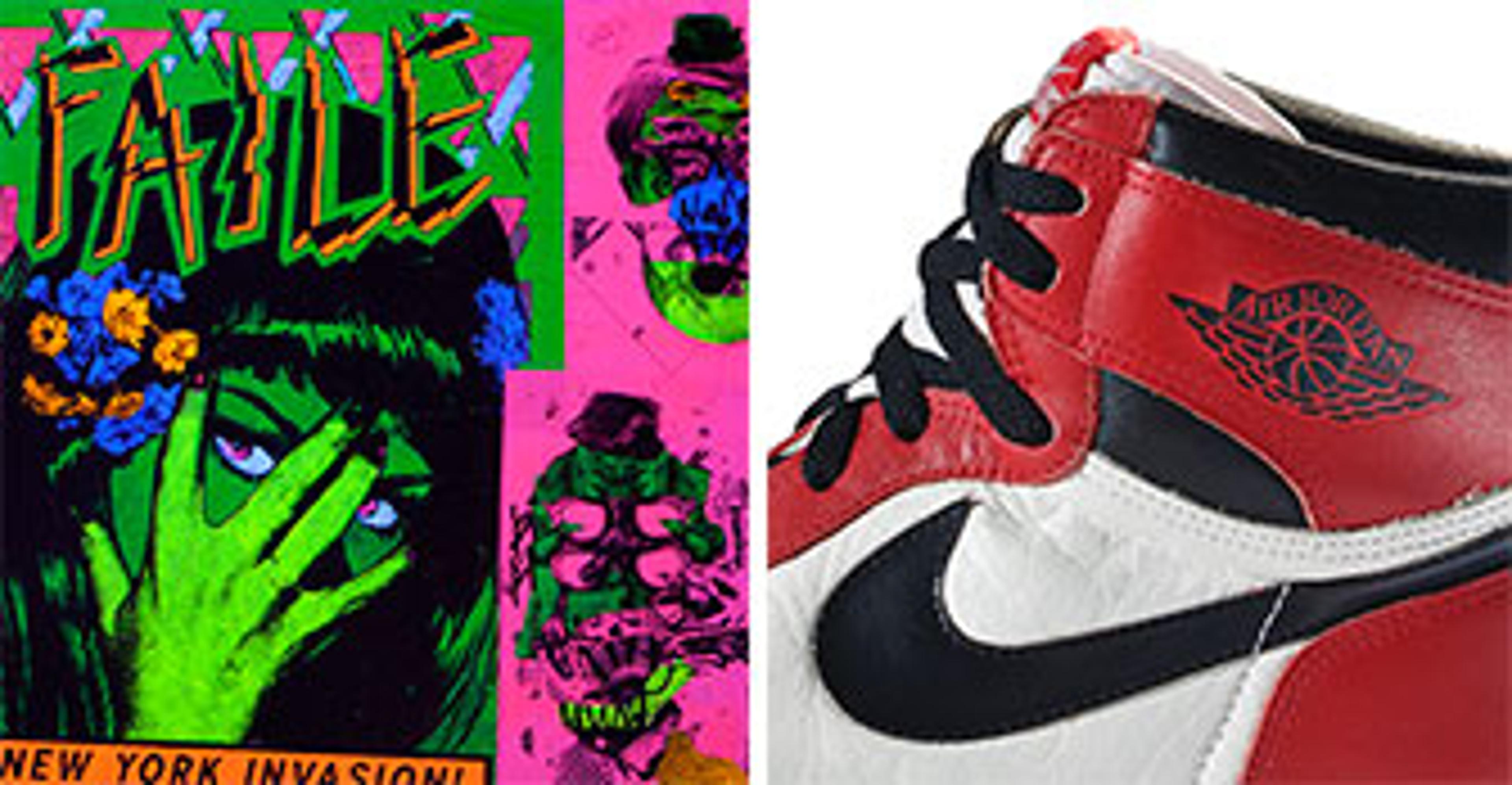 The FAILE & BÄST Deluxx Fluxx Arcade (detail), New York, 2010. Courtesy of the artists. © FAILE. (Photo: FAILE); Nike. Air Jordan I (detail), 1985. Nike Archives. (Photo: Ron Wood. Courtesy American Federation of Arts/Bata Shoe Museum)