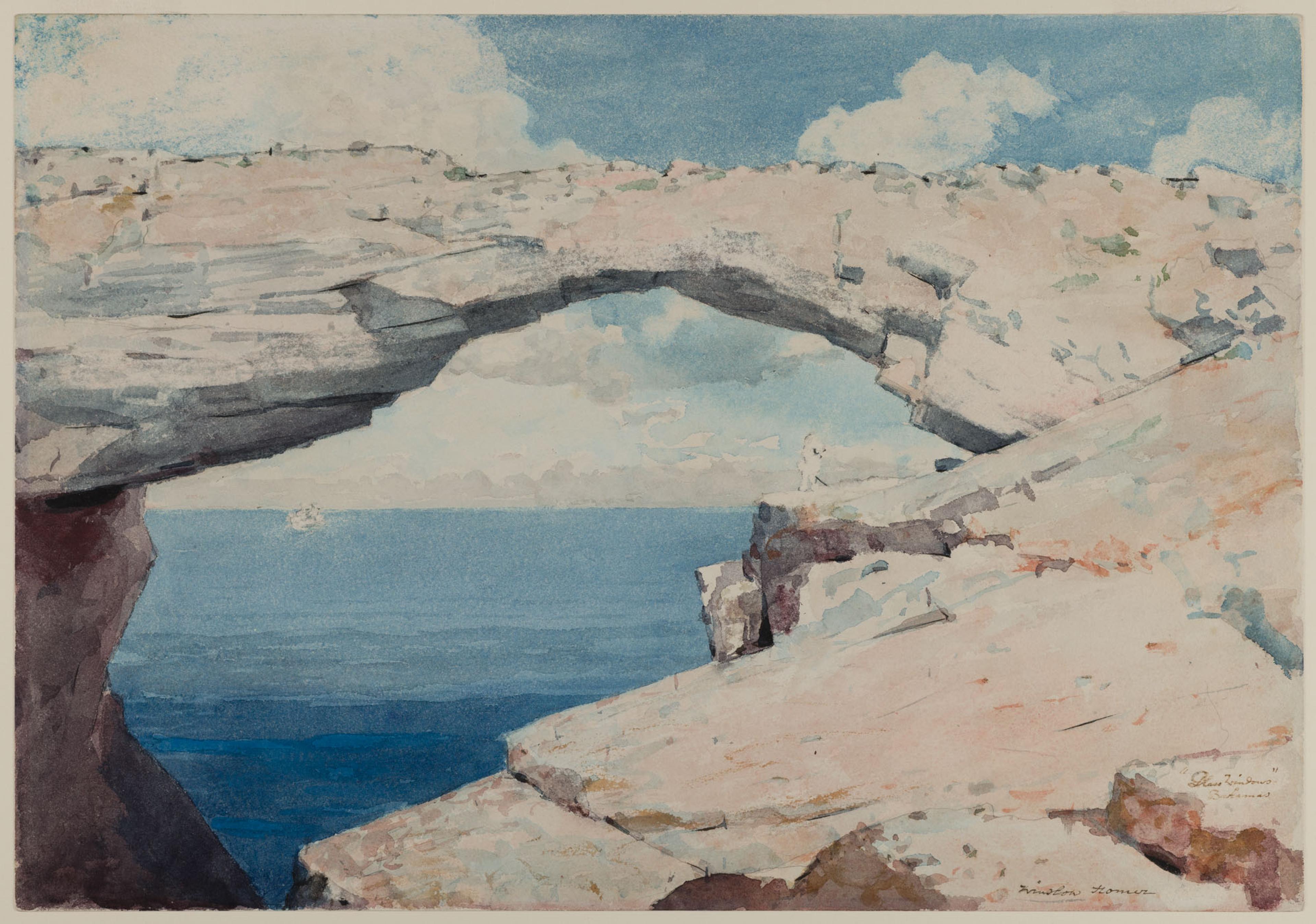 A watercolor painting of a natural stone arch by the sea