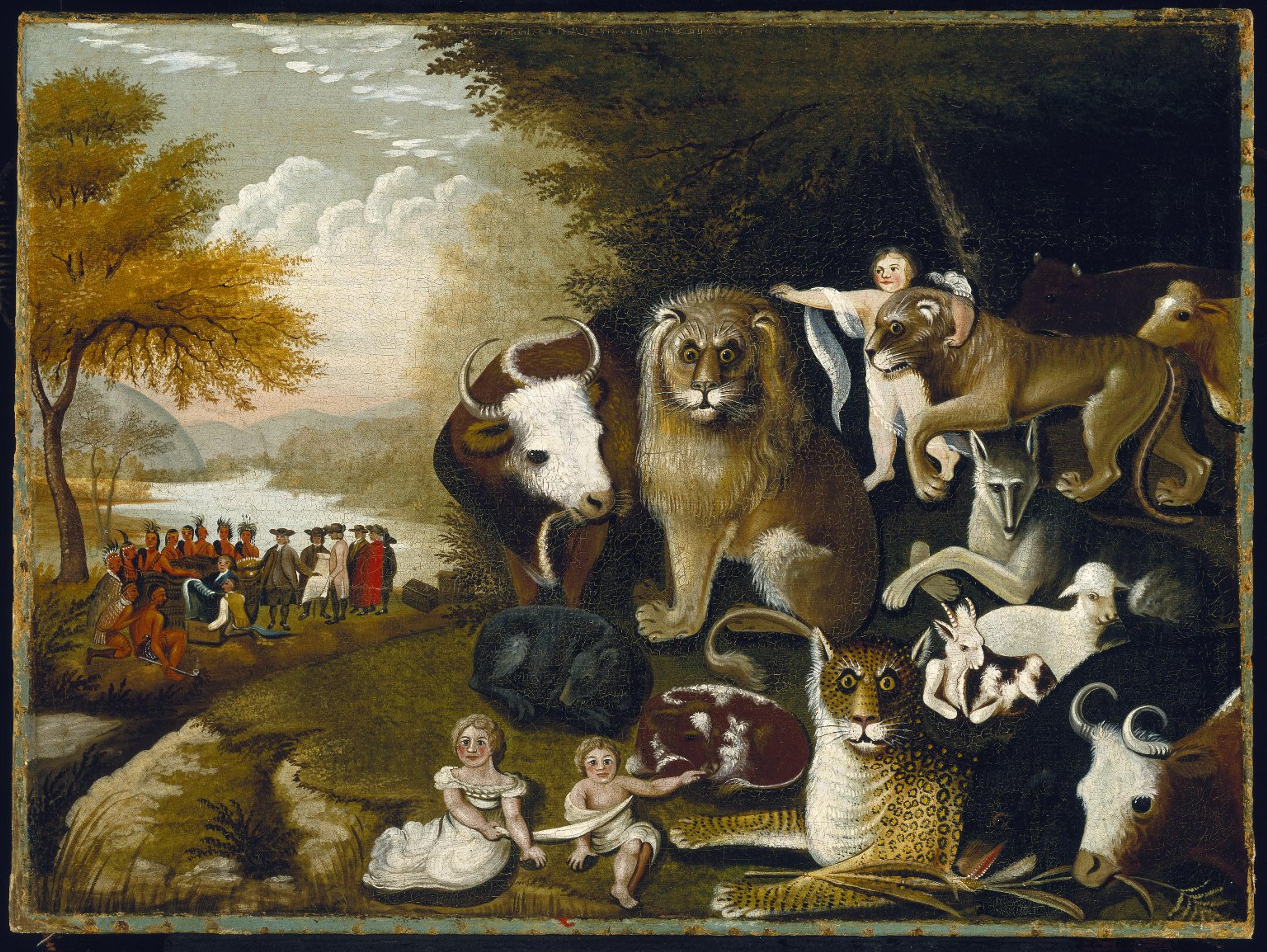 Edward Hicks (American, 1780–1849). The Peaceable Kingdom, circa 1833–34. Oil on canvas, 177⁄16 x 239⁄16 in. (44.3 × 59.8 cm). Brooklyn Museum, Dick S. Ramsay Fund, 40.340