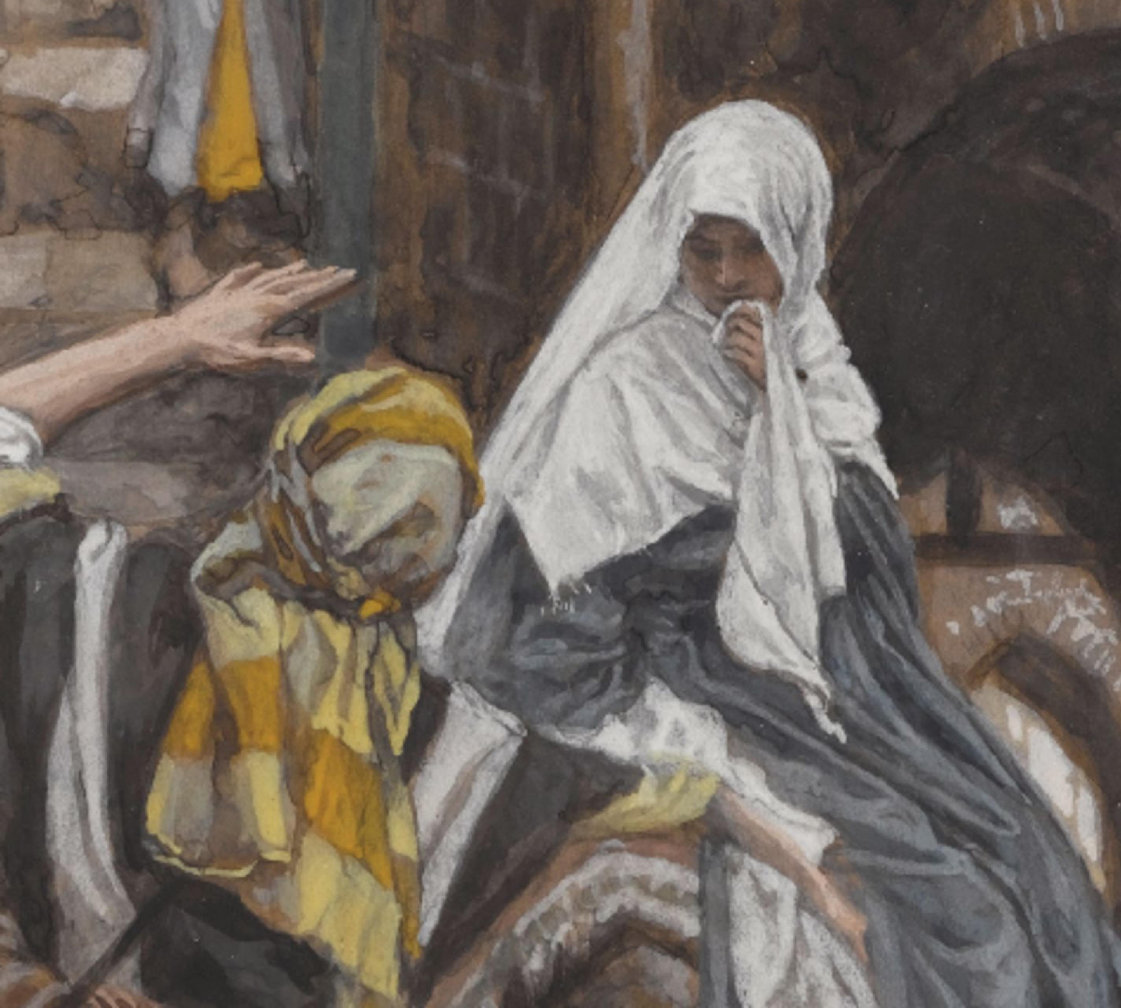 Painting of a person wrapped in blue and white clothing riding an animal down a street as people watch, a title in white text reads: "Brooklyn Museum Teacher Resource Packet: James Tissot: 'The Life of Christ', October 23, 2009 to January 17, 2010""