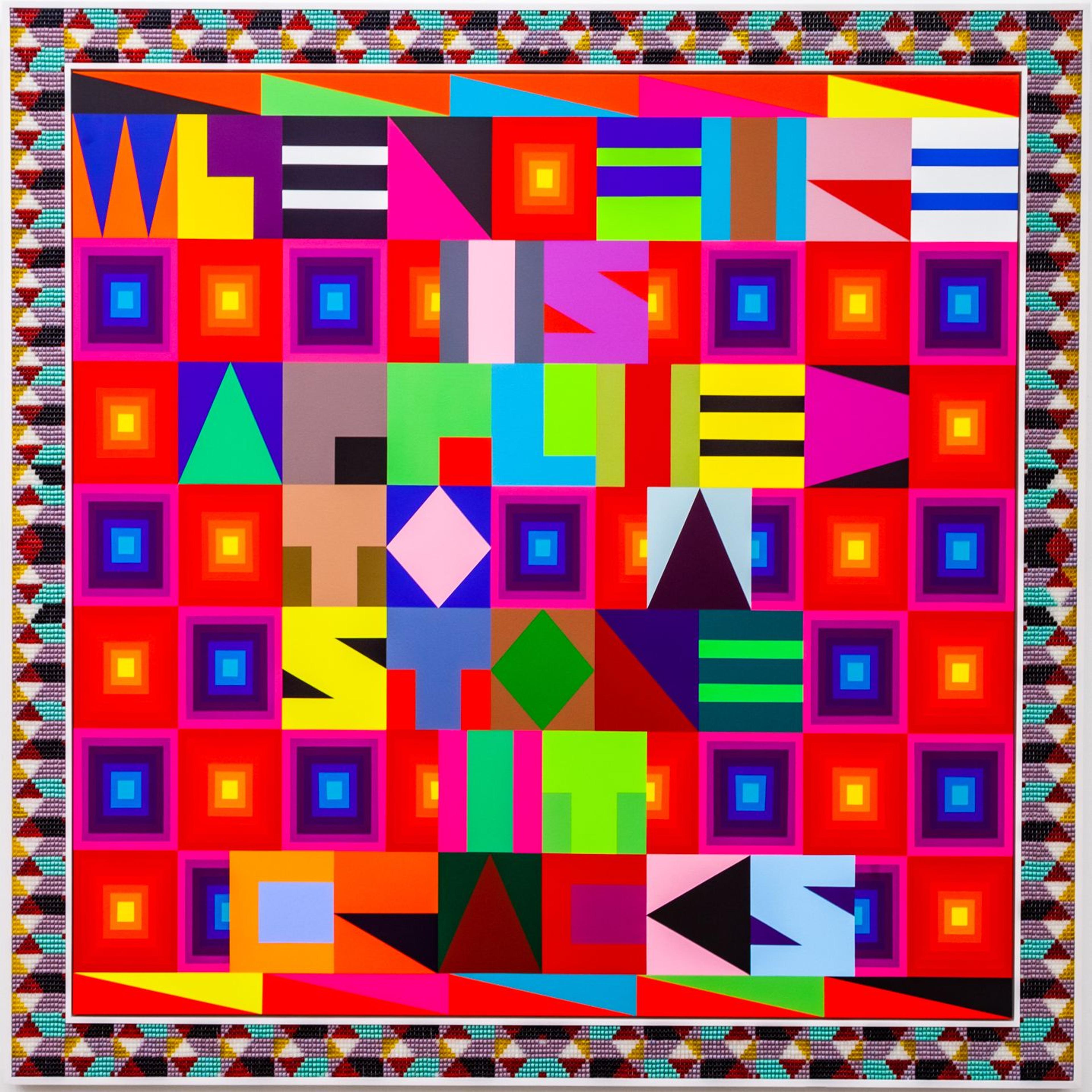 Jeffrey Gibson (Choctaw/Cherokee, born 1972). WHEN FIRE IS APPLIED TO A STONE IT CRACKS, 2019. Acrylic on canvas, glass beads and artificial sinew inset into custom wood frame, 78 × 78 in. (198 × 198 cm). Courtesy of the artist and Kavi Gupta, Chicago. © Jeffrey Gibson. (Photo: John Lusis)