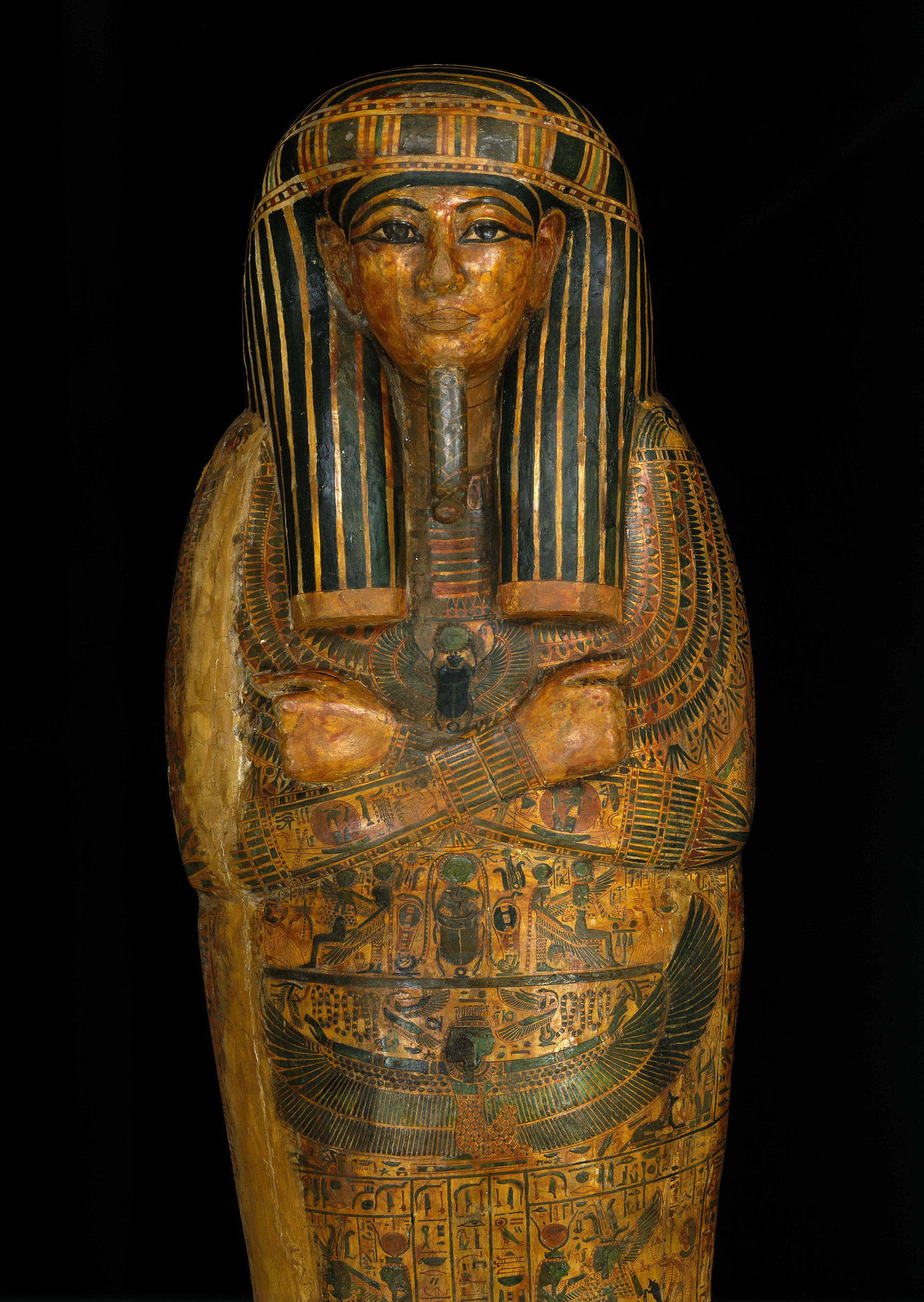 Coffin and Mummy Board of Pa-seba-khai-en-ipet. Egypt, from Thebes. Third Intermediate Period, circa 1070–945 B.C.E. Wood, painted, 763⁄8 x 215⁄8 x 125⁄8 in. (194 × 55 × 32 cm). Brooklyn Museum, Charles Edwin Wilbour Fund, 08.480.2a–c