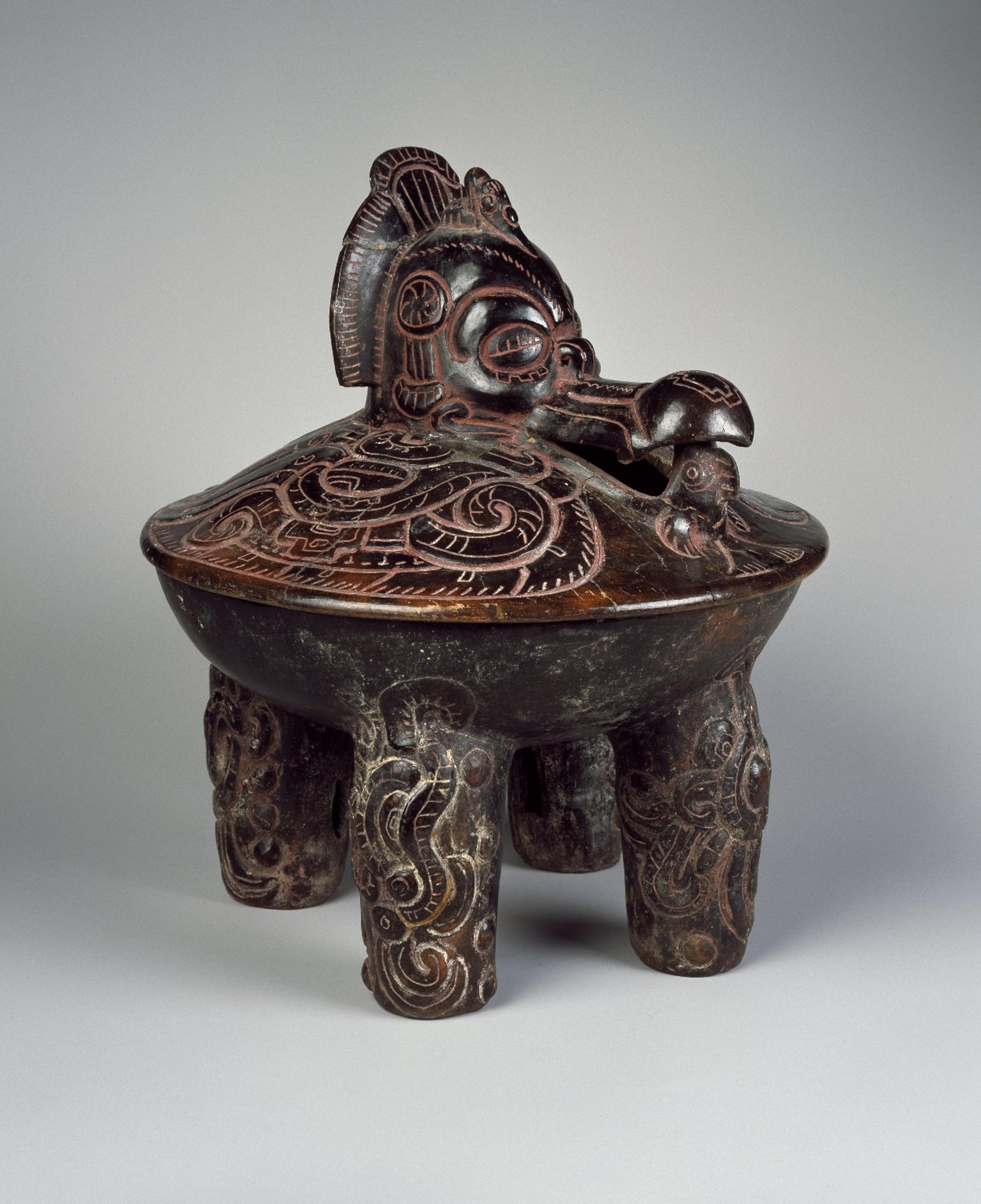 Tetrapod Vessel with Lid, 350–450. Unidentified Maya artist. Reported to have been found in Tabasco, Mexico. Ceramic, pigments, 61⁄4 x 101⁄2 x 101⁄2 in. (15.9 × 26.7 × 26.7 cm). Brooklyn Museum; Ella C. Woodward Memorial Fund, 64.217a-b