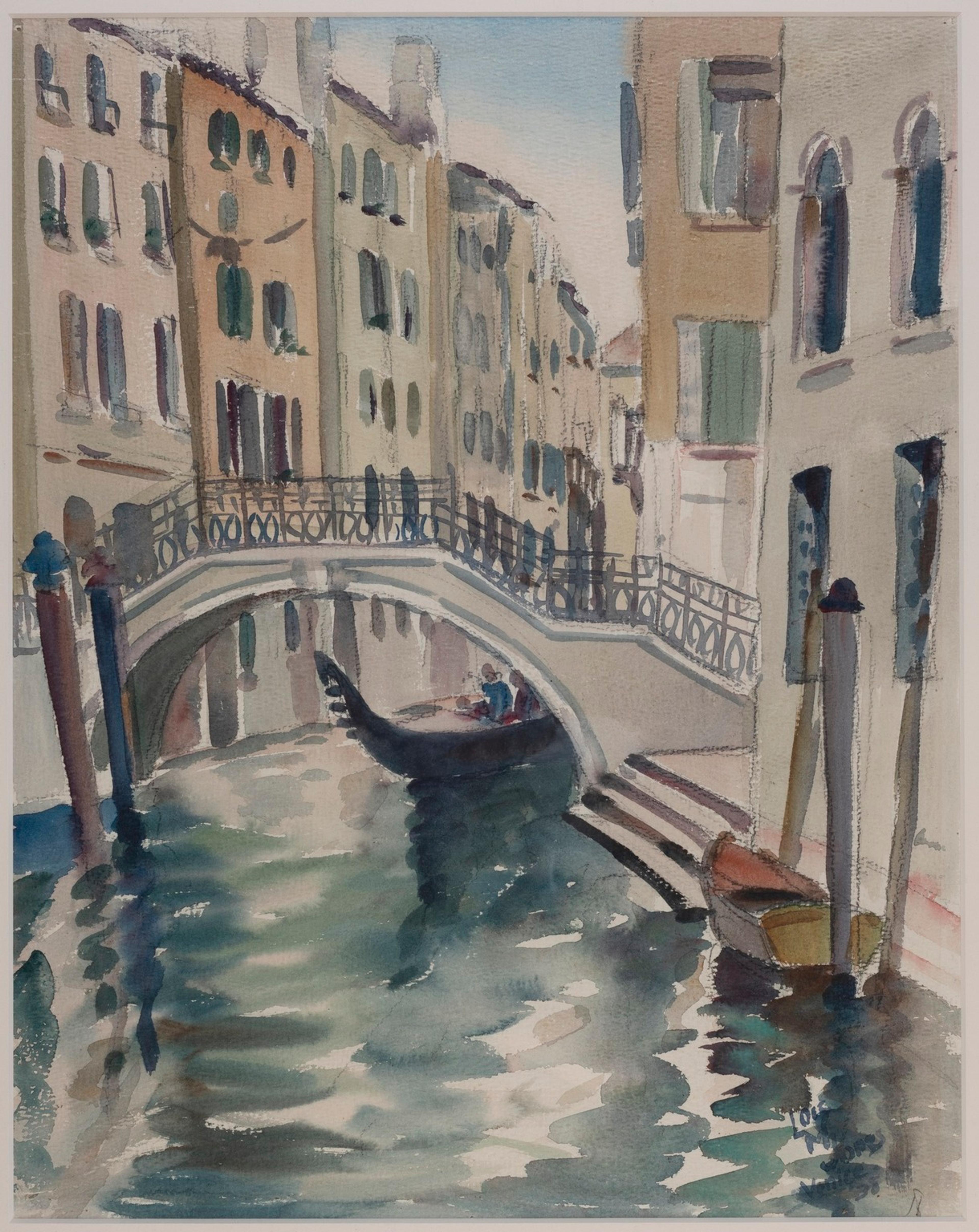 Painting of a gondola on a canal passing under a bridge