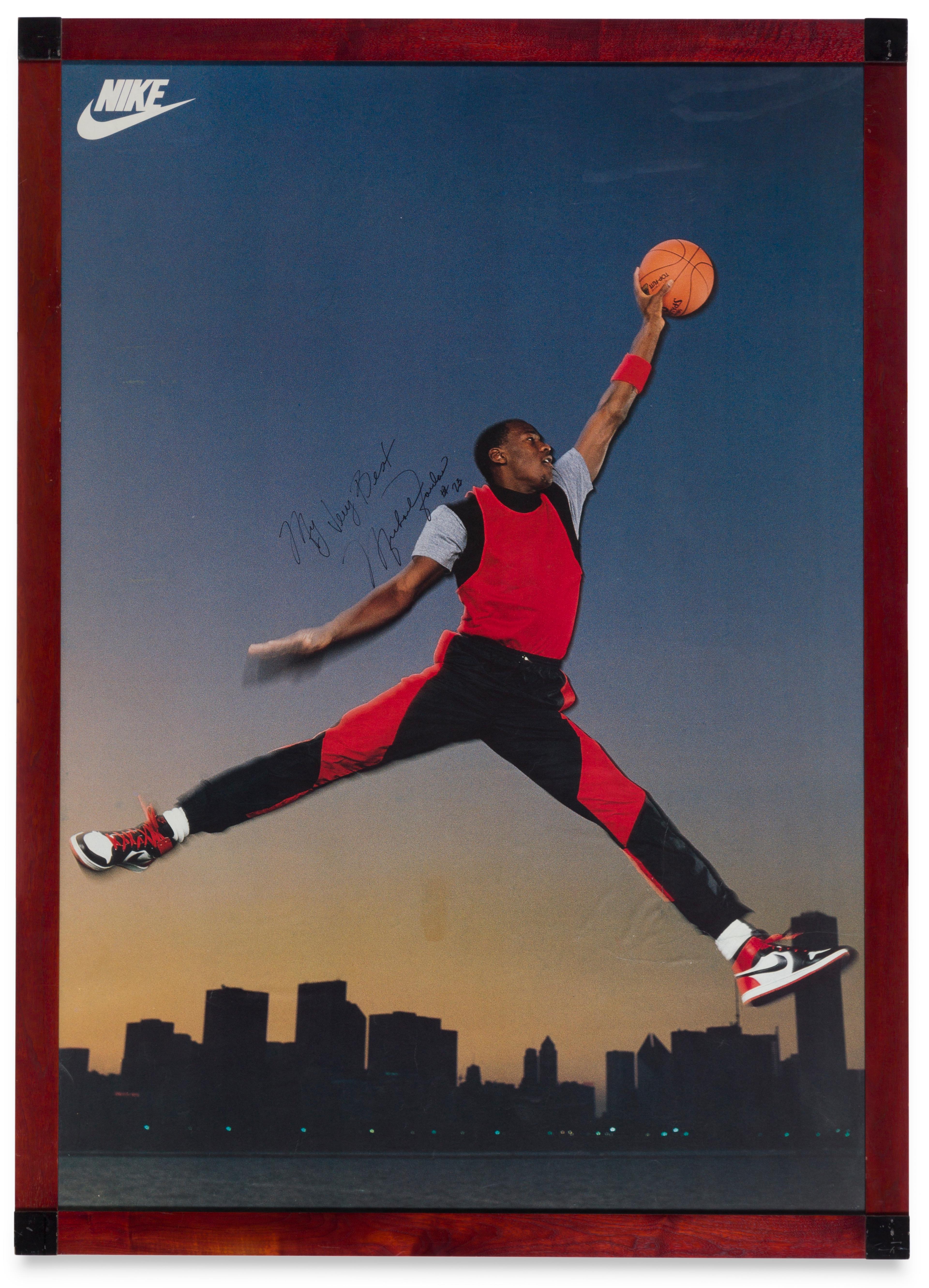 Unknown artist. Michael Jordan in Nike “Jumpman” Air Jordan Campaign, 1985. Signed and inscribed by Michael Jordan: “My Very Best . . . #23.” Printed paper and ink. Collection of Spike Lee and Tonya Lewis Lee. (Photo: by Joshua White, © 2023 Academy Museum Foundation)