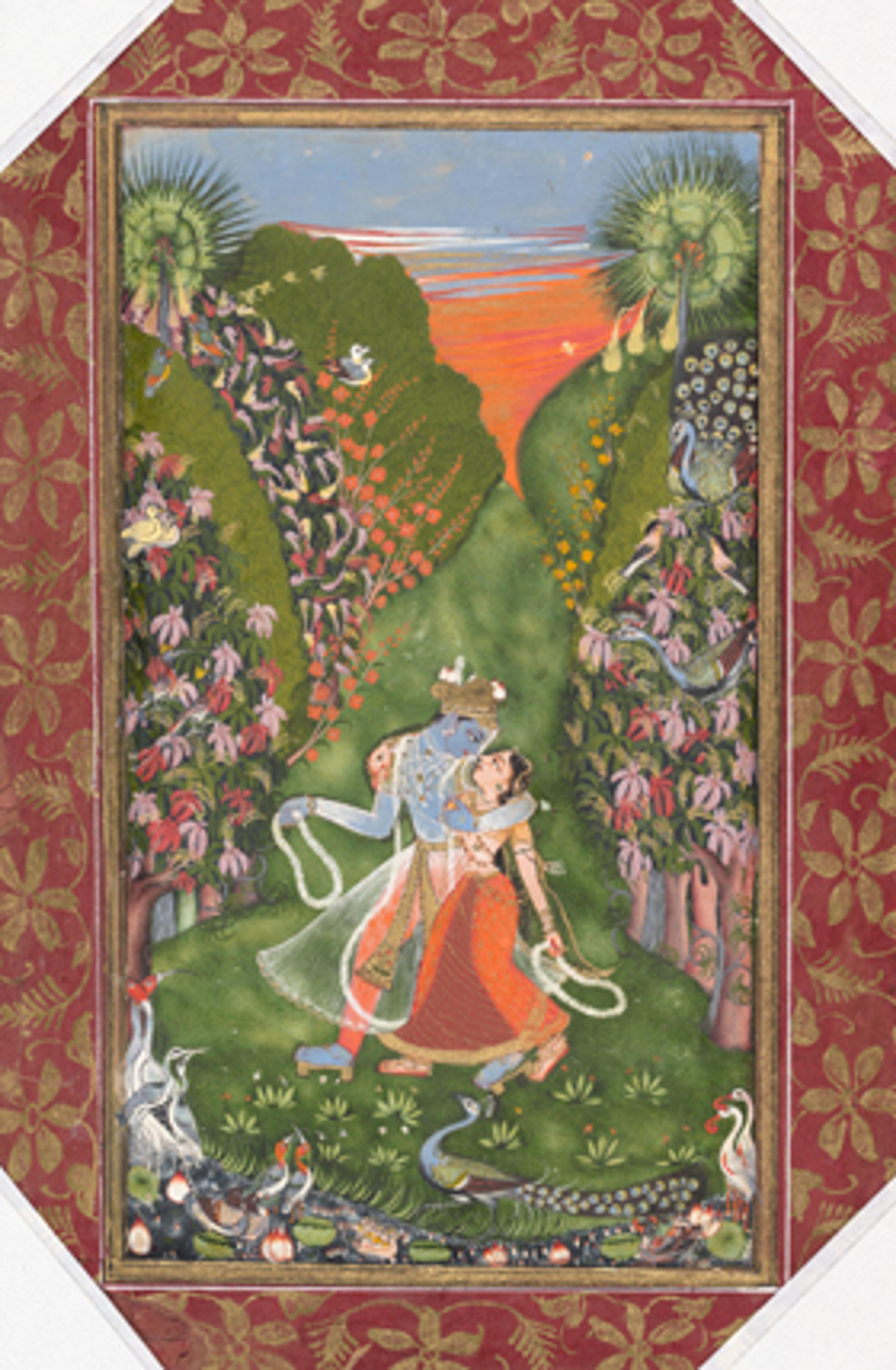 Krishna and Radha in a Grove. Northern India (Rajasthan, Kota), circa 1720. Opaque watercolor and gold on paper, 71⁄2 x 43⁄8 in. (19 × 11.1 cm). The Metropolitan Museum of Art, Cynthia Hazen Polsky and Leon B. Polsky Fund, 2003.178a, b. © The Metropolitan Museum of Art / Art Resource, NY