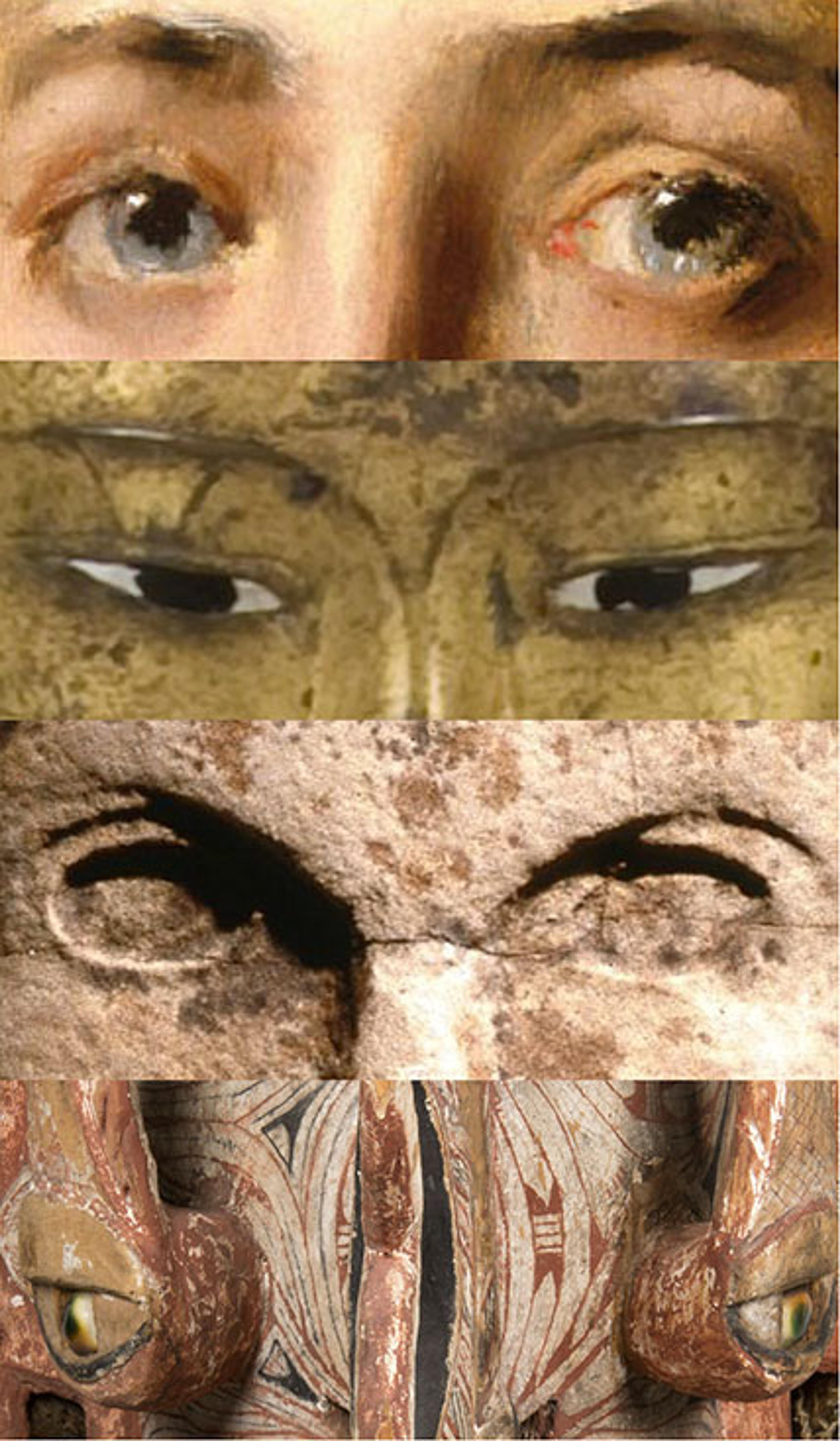 Details of four works in the Connecting Cultures installation, from top: Girl in a Japanese Costume, circa 1890, William Merritt Chase; Seated Shakyamuni Buddha, late 19th–early 20th century; Warrior Figure, Huastec, 13th or 14th Century; Mask (Ges), 19th century