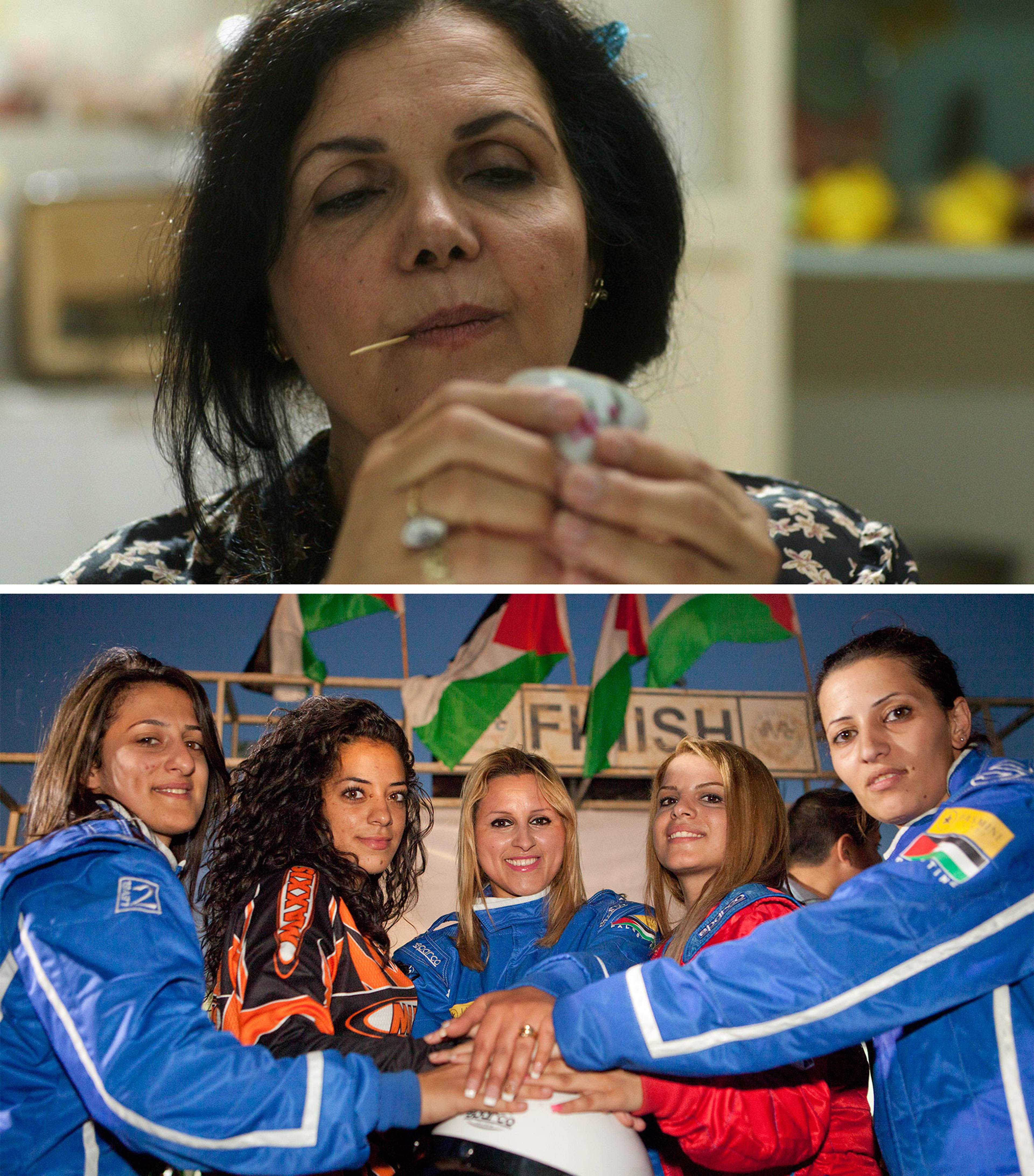 Top: still from The Cup Reader (Suha Araj, 2013); bottom: still from Speed Sisters (Amber Fares, 2015)