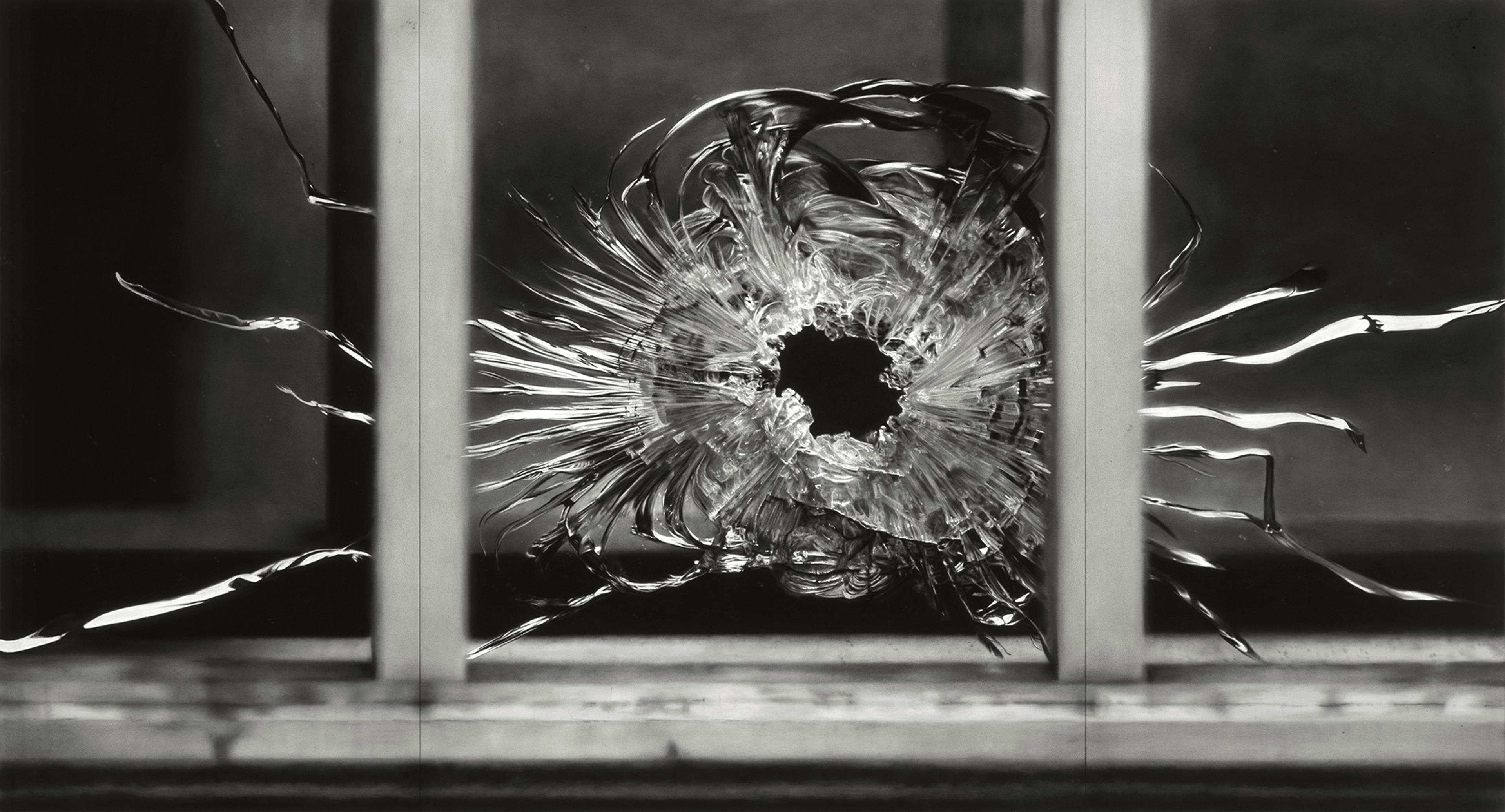 Robert Longo (American, born 1953). Untitled (Bullet Hole in Window, January 7, 2015), 2015–16. Charcoal on mounted paper, 76 x 143 in. (193 x 363.2 cm). © Robert Longo, Ståhl Collection Norrköping, Sweden. (Photo: Courtesy of the artist and Galerie Thaddaeus Ropac; London, Paris, Salzburg)