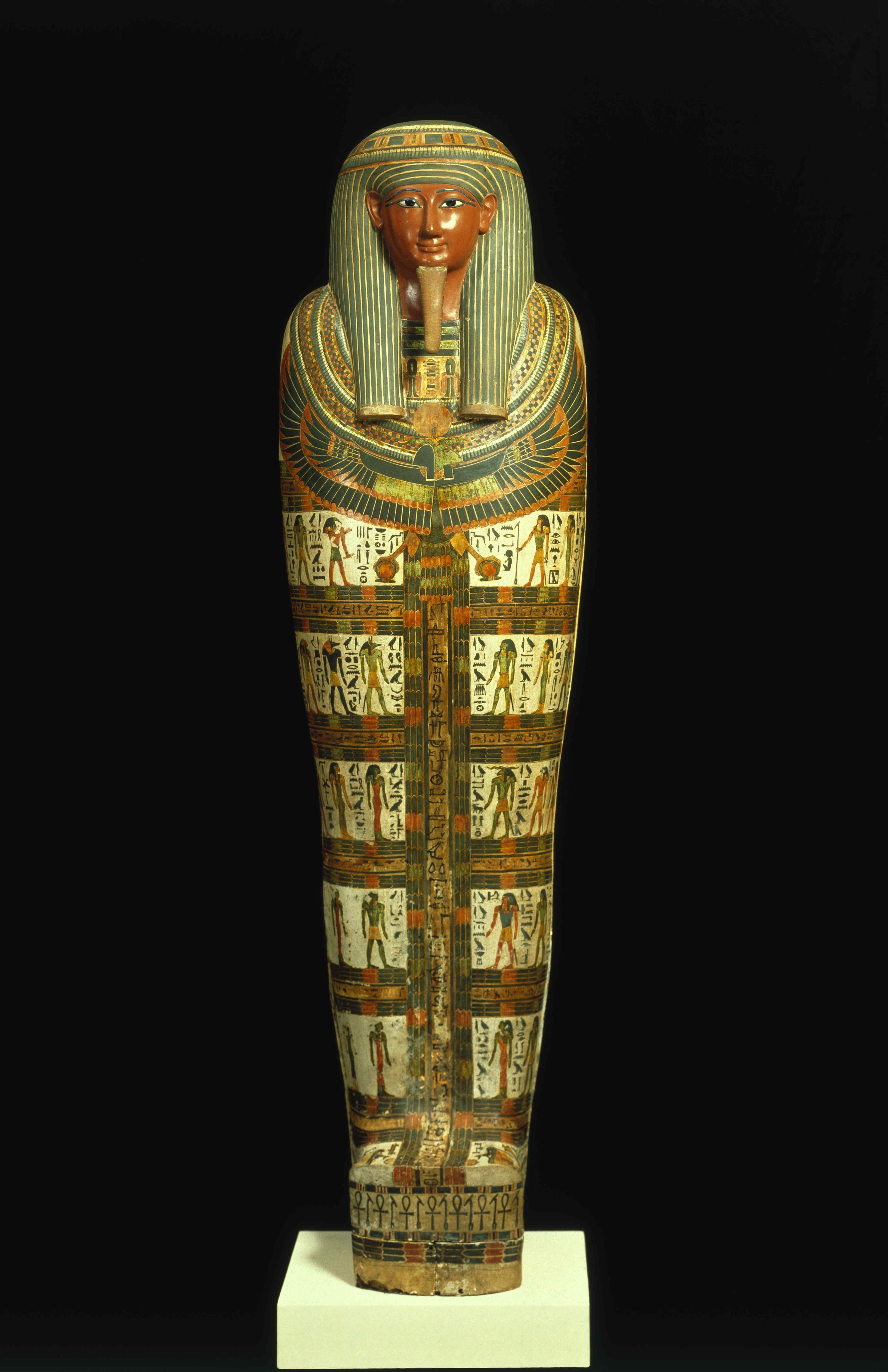 Cartonnage of Nespanetjerenpere. Egypt, probably from Thebes. Third Intermediate Period, Dynasty 22 to early Dynasty 25, circa 945–718 B.C.E. Linen or papyrus mixed with plaster, pigment, glass, lapis lazuli, height: 6911⁄16 in. (177 cm). Brooklyn Museum, Charles Edwin Wilbour Fund, 35.1265