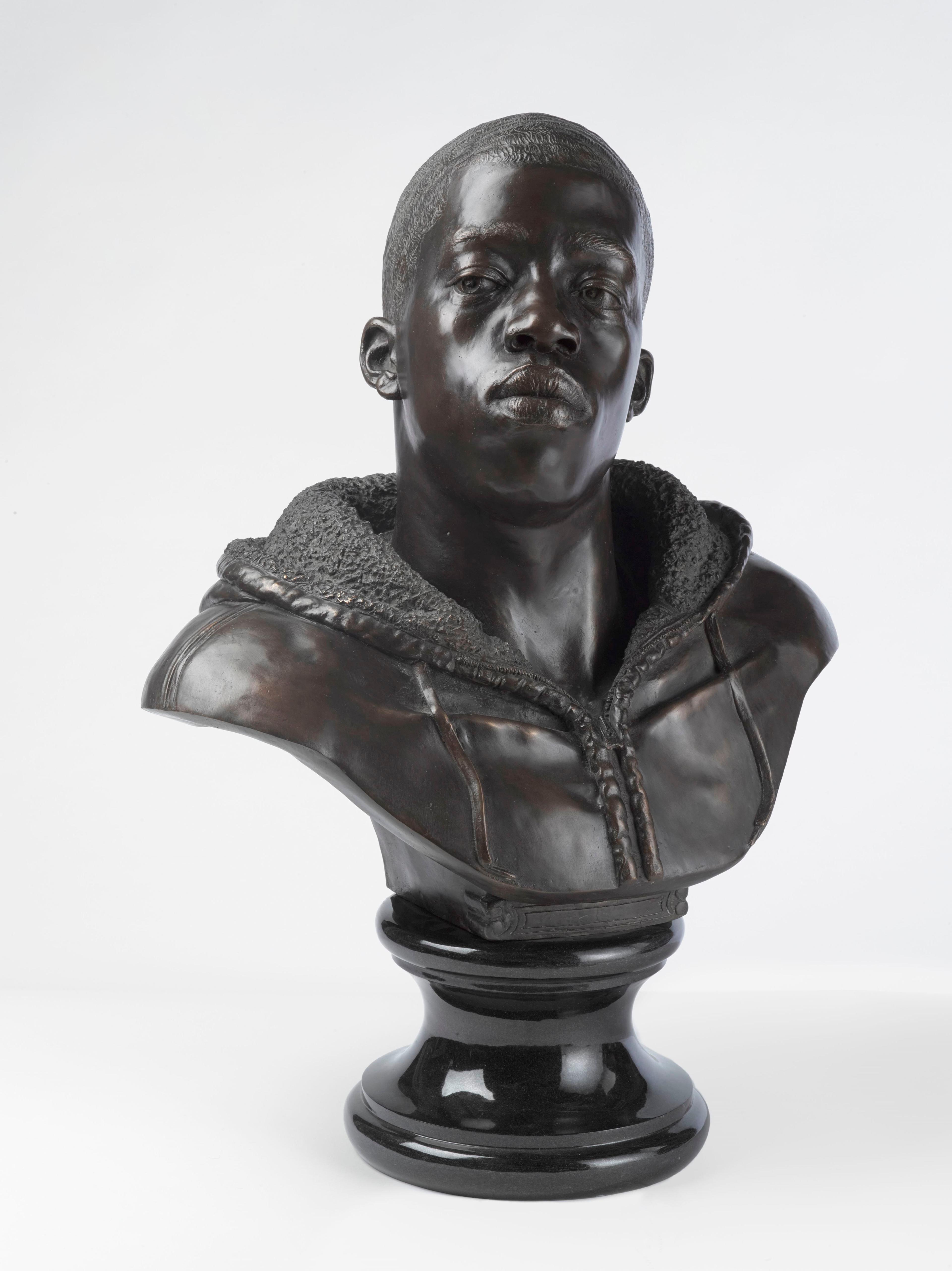 Kehinde Wiley (American, b. 1977). <i>Houdon Paul-Louis</i>, 2011. Bronze with polished stone base, 34 × 26 × 19 in. (86.4 × 66 × 48.3 cm). Brooklyn Museum; Frank L. Babbott Fund and A. Augustus Healy Fund, 2012.51. © Kehinde Wiley. (Photo: Sarah DeSantis, Brooklyn Museum)